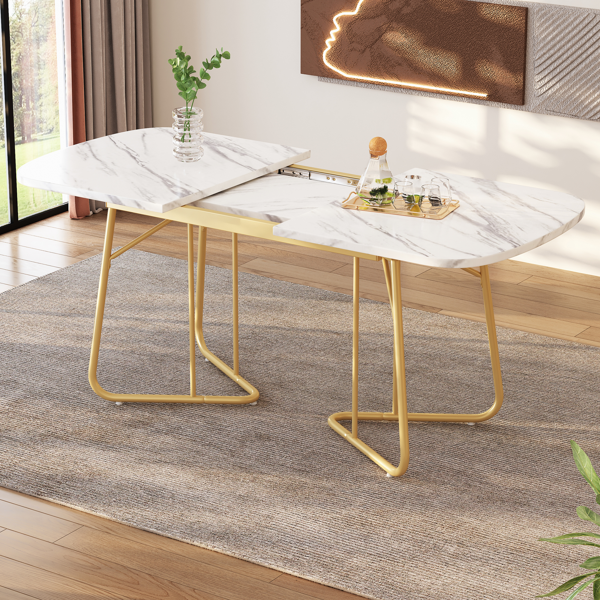 Table à manger extensible blanche avec structure en marbre – Image 3