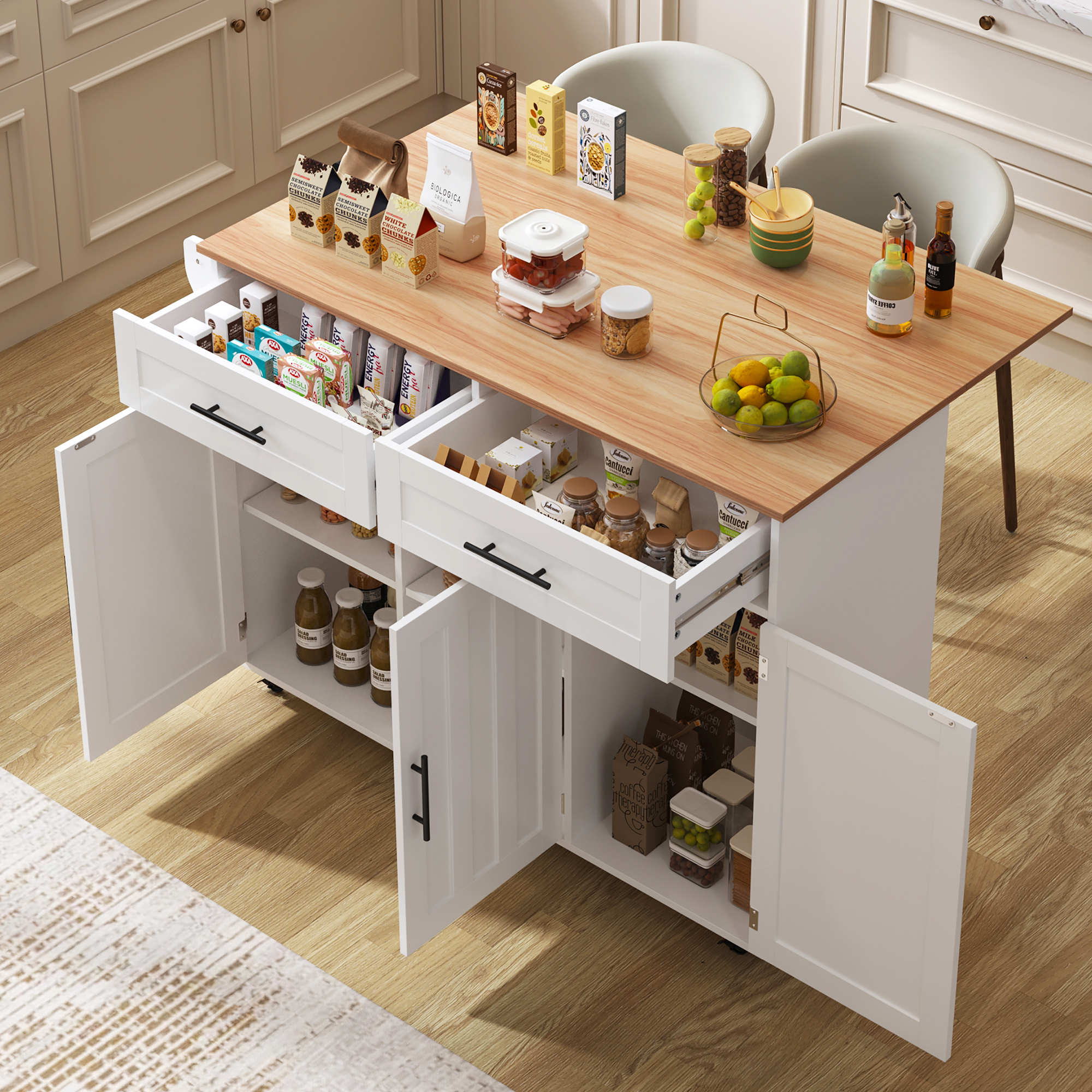129x46 X91,5cm Dining Table Trolley  Sideboard With Folding Table Top, Internal Shelves In The Cupboard Doors, Kitchen Island On 5 Wheels With Storage Cupboards And 2 Drawers, For The Dining Room,