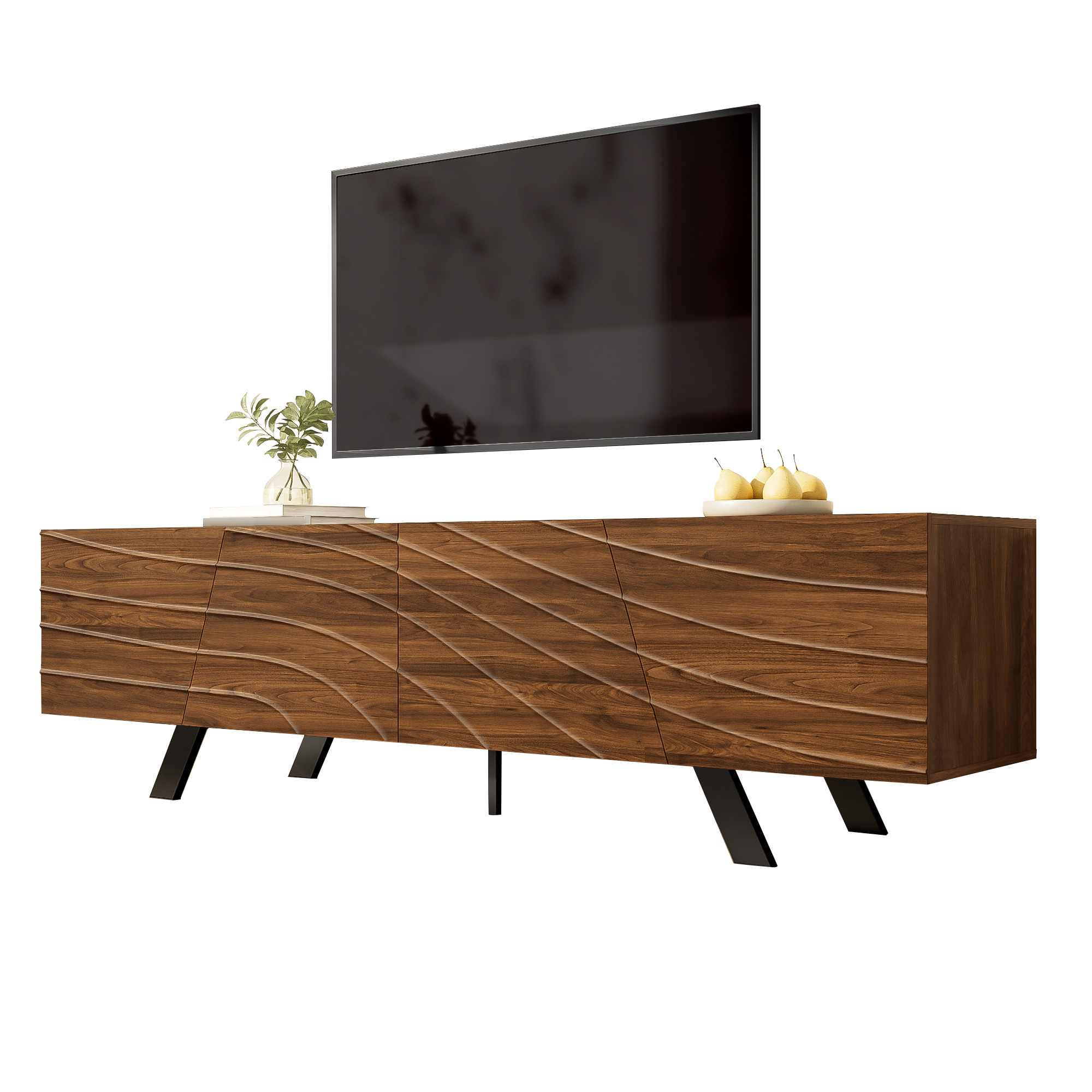 Modern TV Cabinet With Wave Front  Walnut Lowboard With Black Iron Legs, Large Storage Space, Cable Management & Storage  TV Stand For Living Room, Hallway  160x39x50.5 Cm