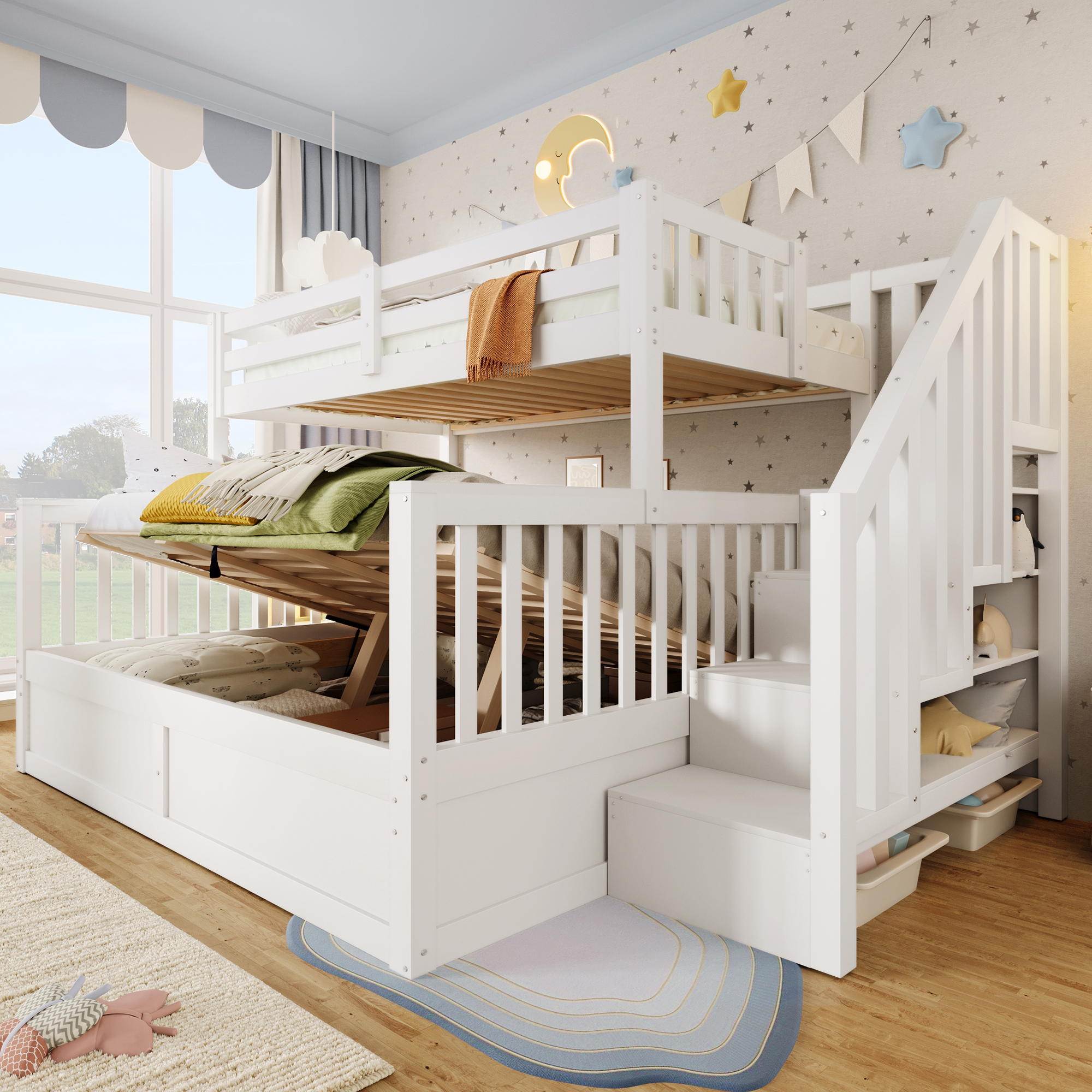 Bunk Bed, 90x200cm 140x200cm, Hydraulic, Storage Ladder, Storage, Without Mattress, White