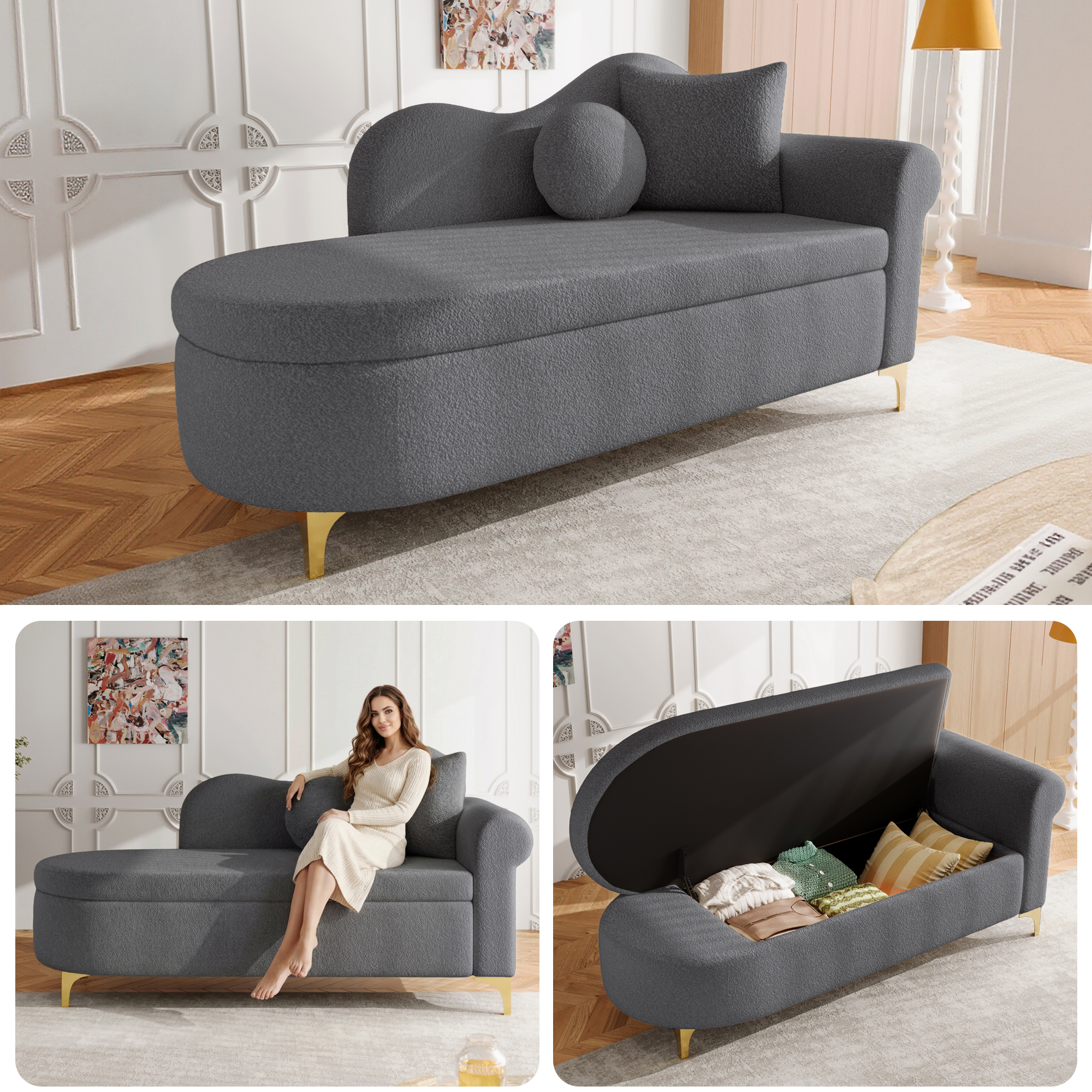 Multifunctional Chaise Longue With Storage Space, 134 Cm, Modern Design, Wave-shaped Backrest, Teddy Plush Fabric, High-density Seat Cushion, Incl. Lumbar Cushion  Neck Cushion
