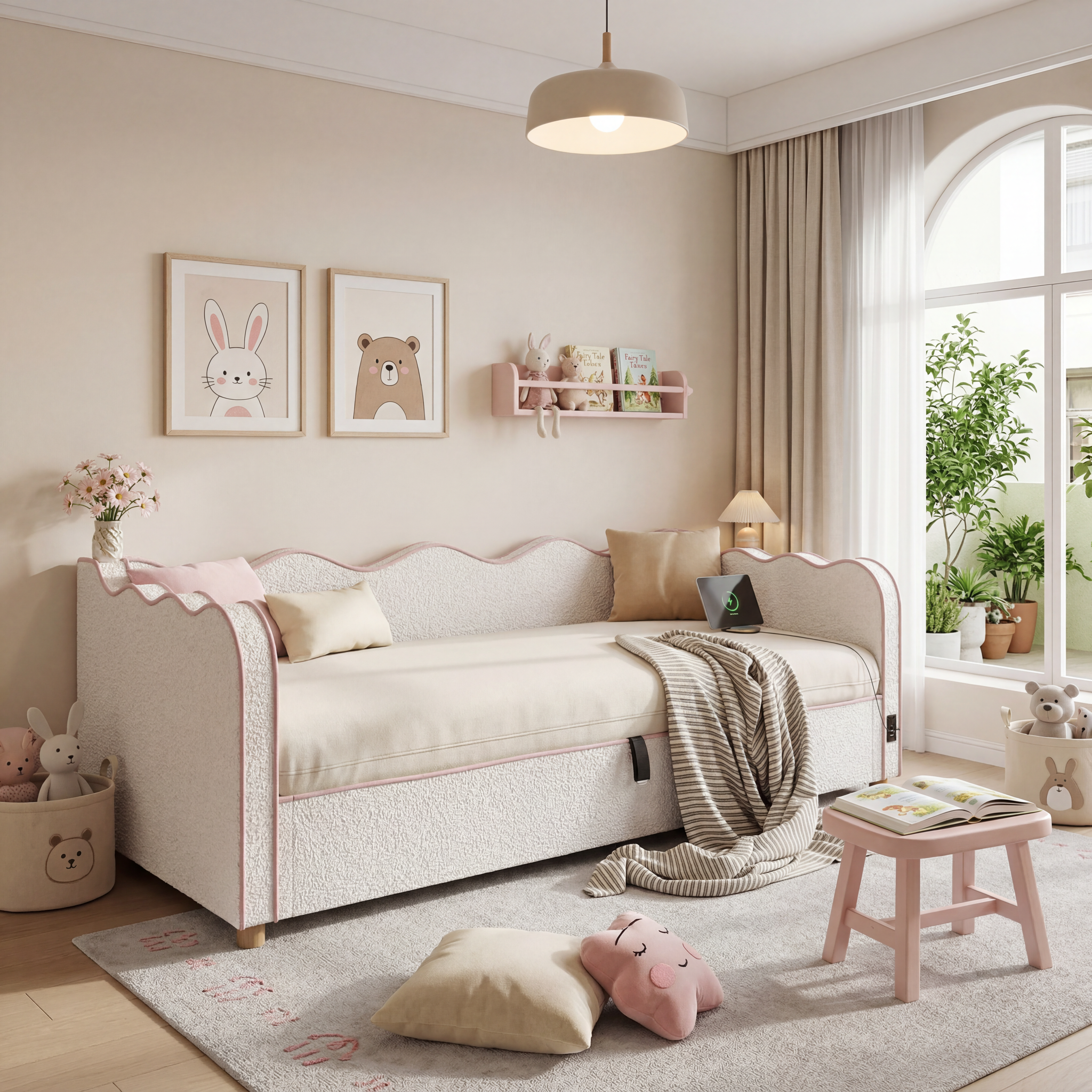 Daybed 90x200 Cm With Hydraulic Storage, Upholstered Bed, Daybed, Sofa Bed With USB & Backrest, Boucle, Beige