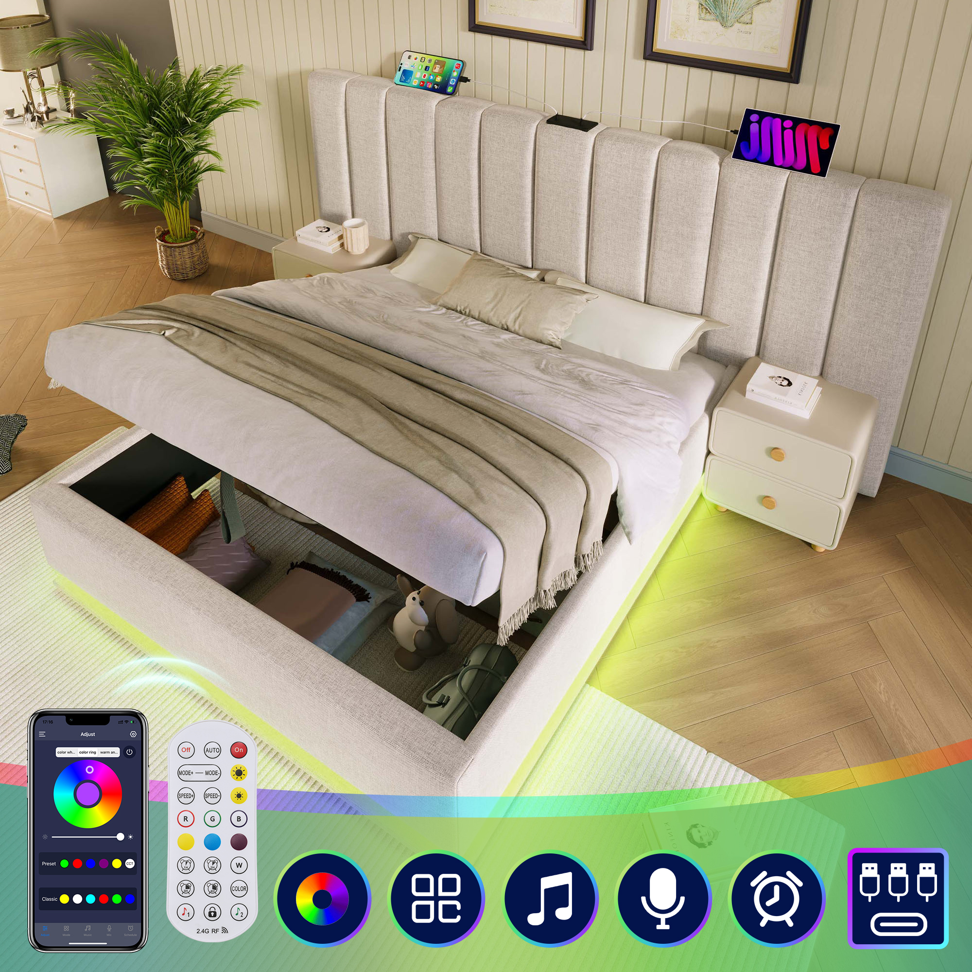 Upholstered Bed 180x200, Double Bed Storage Bed With LED And USB-C Charging Function, Bed Frame With Slatted Base, Linen, Beige, Without Mattress And Bedside Table
