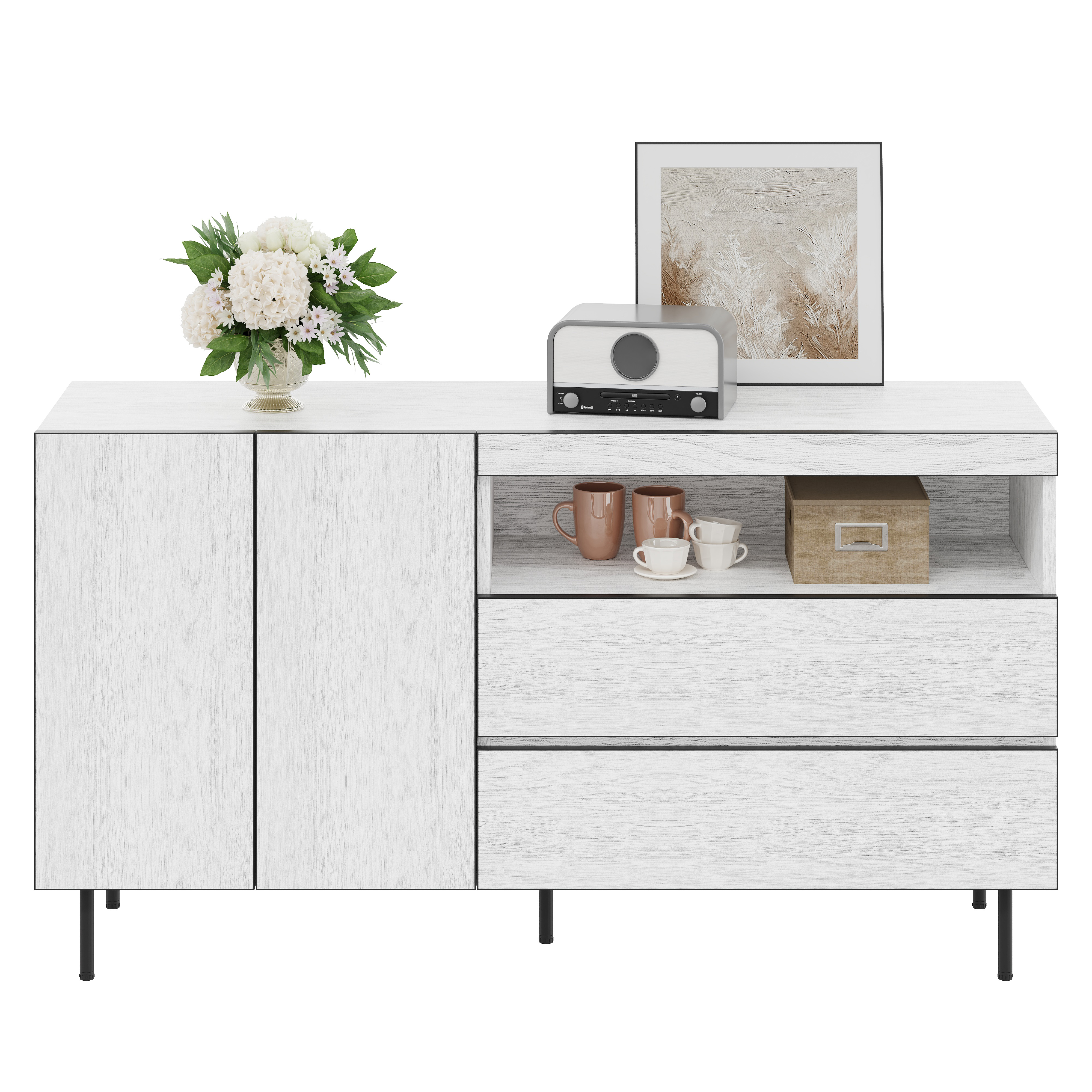 Modern Minimalist Sideboard,Double Doors,Double Drawers,Open Shelves,Multifunctional Storage Cabinet For Living And Dining Room