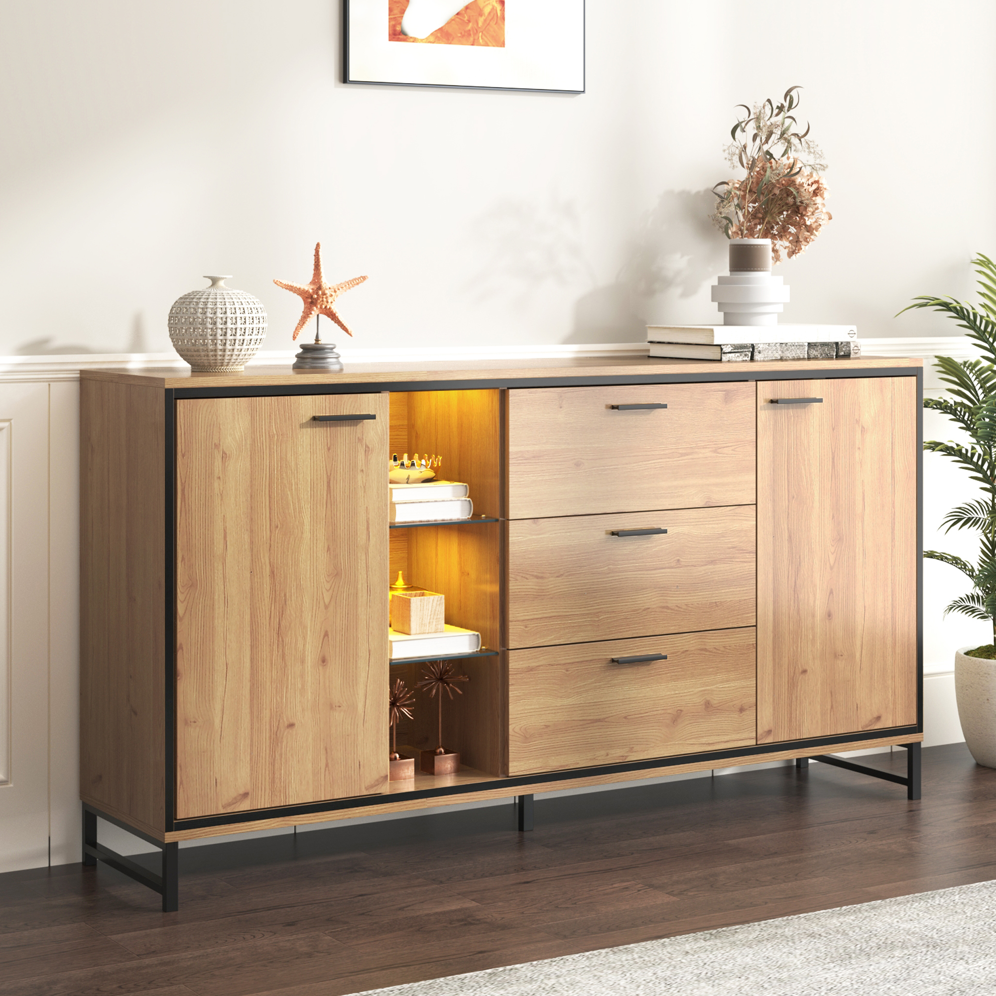 Sideboard With Three Drawers, Exquisite Grain. Modern Sideboard In Wood Colour With Storage Compartments - Stylish And Functional Home Furniture. Black And Wood Color.