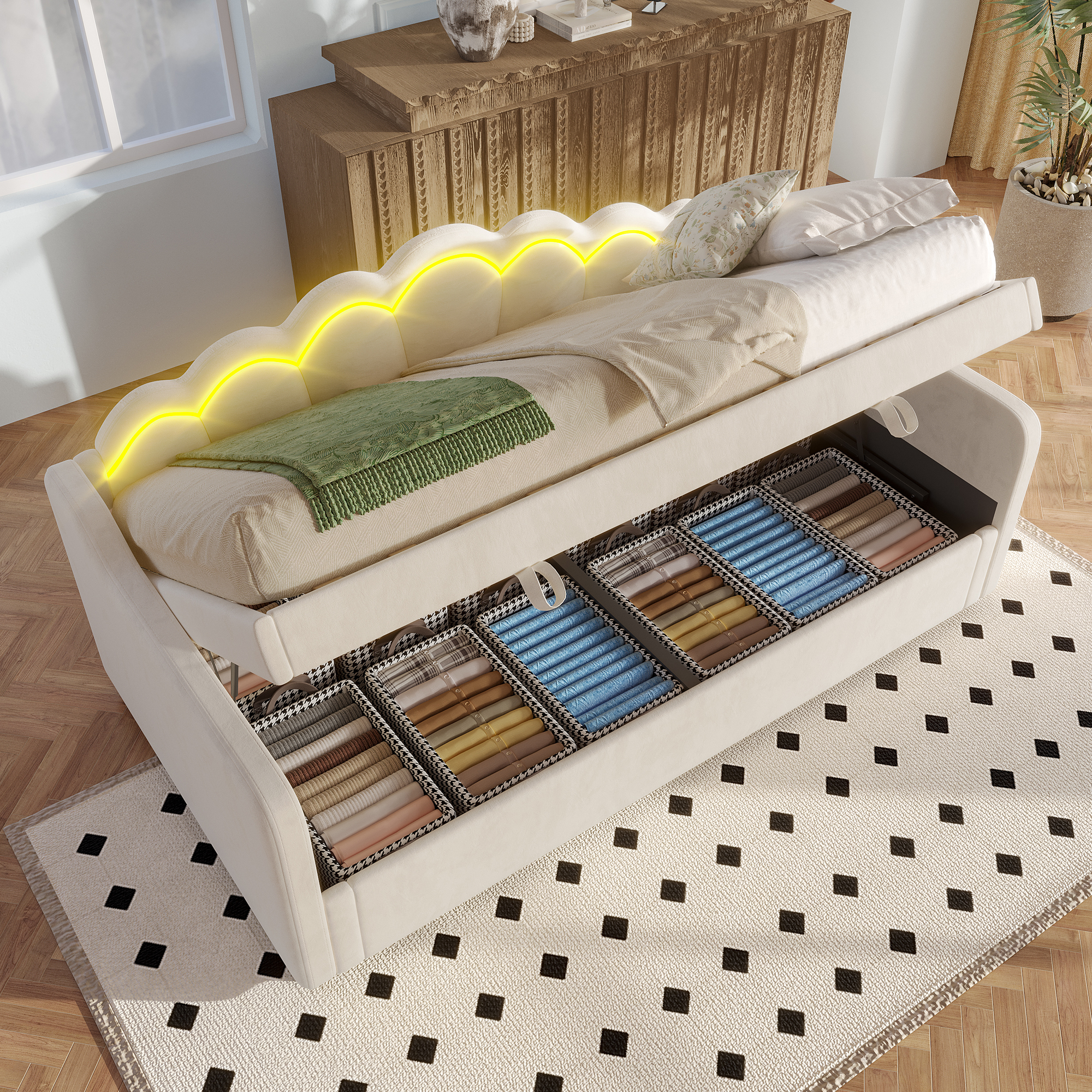 Daybed, Sofa Bed, Hydraulic Bed, With Storage Space, Single Bed  Without Mattress , Velvet, Color Changeable LED Strip, 90x200cm, Beige