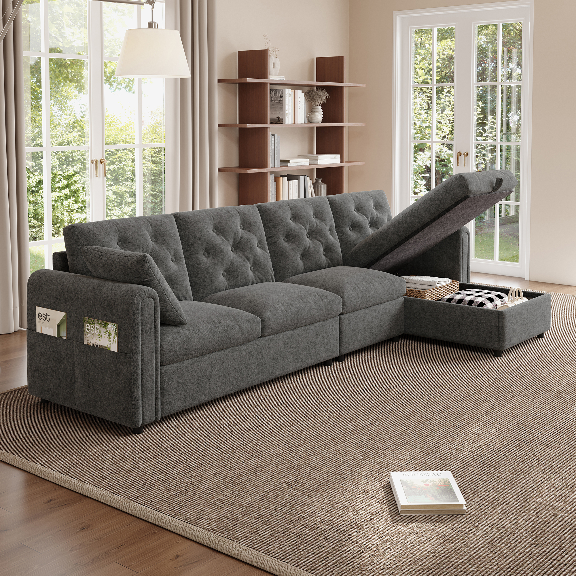 Modern Velvet Sofa With Storage Space In The Corner Area,L-shaped Storage Space Adjustable In The Corner Area Left And Right,Side Armrests With Magazine Pockets, Backrest With Button Stitching. Grey.