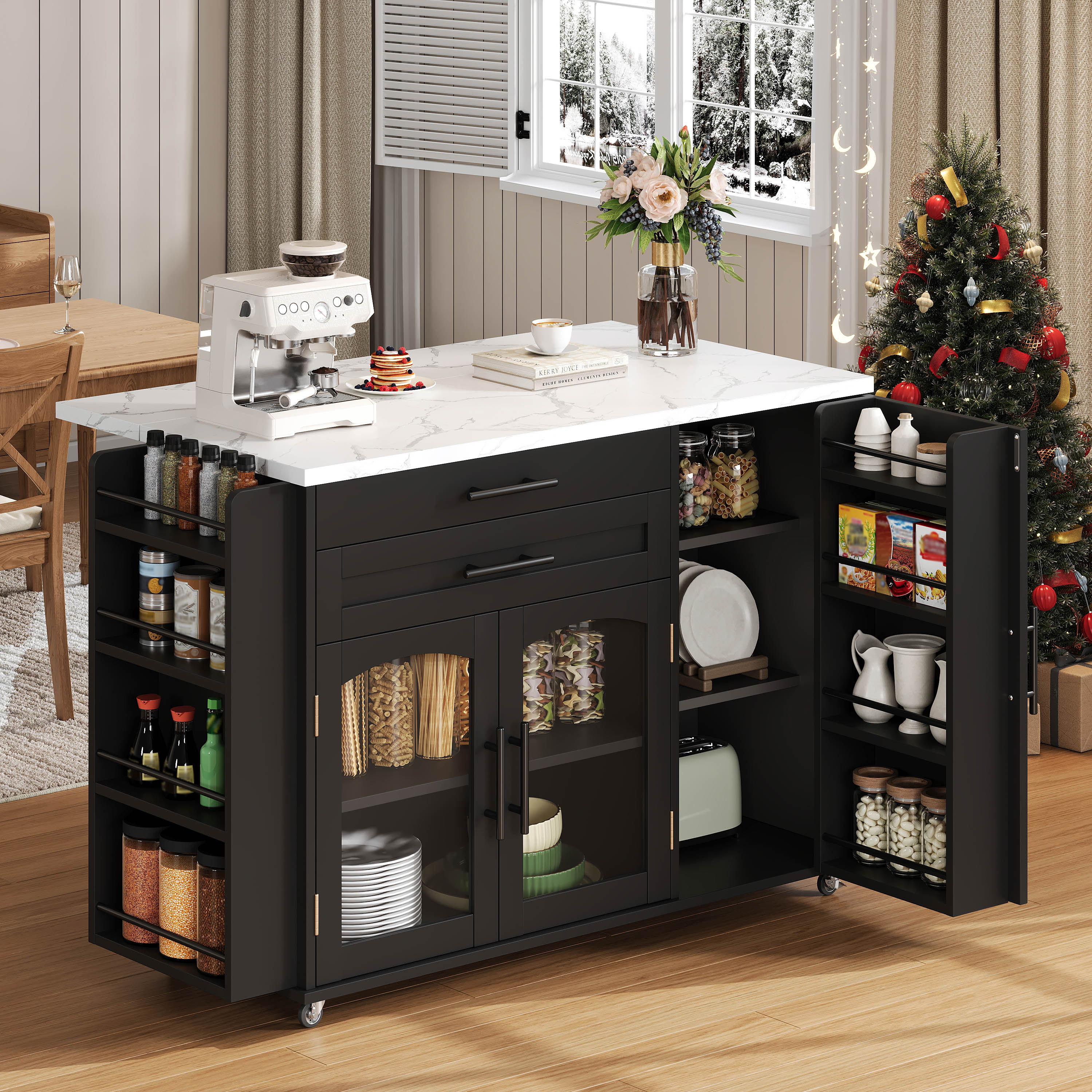 Mobile Kitchen Island With Folding Work Area, Kitchen Trolley, 5 Wheels, Multiple Storage Solutions, Spice Rack, Cutlery Drawer, 120 X 45  X 90 Cm