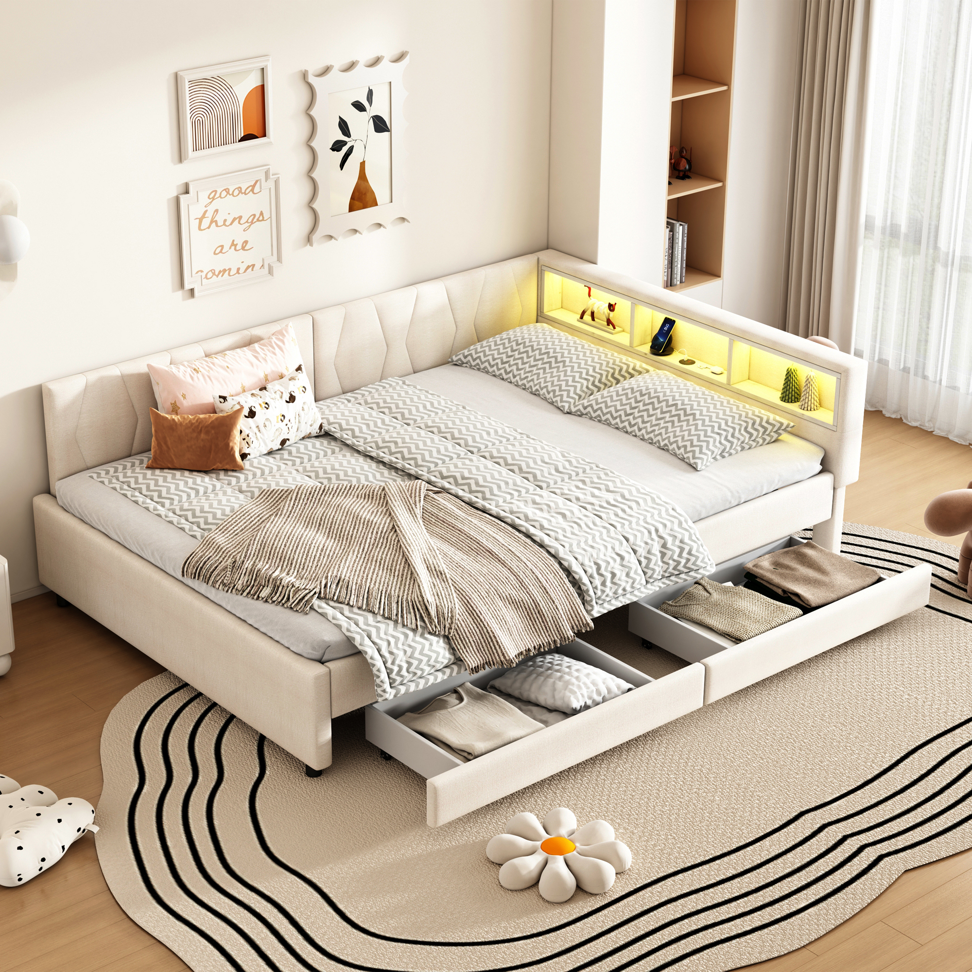 Daybed, 140x200cm, Daybed, Sofa Bed, Bed Storage Compartment, USB Type-C, With LED Light Strip, Bed With Two Drawers, Bed With Slatted Base Without Mattress Linen, Beige