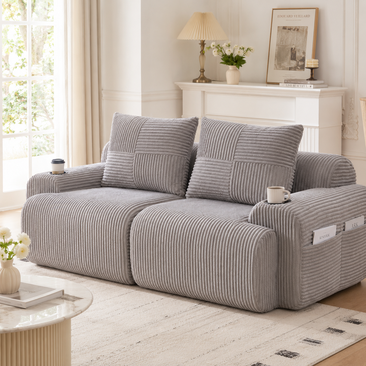 Modular Corduroy Sofa For 2 People, Freely Combinable, Vacuum-packed Including Cup Holder And Side Storage Bag. Ideal For Living Rooms, Family Rooms And Other Rooms.Light Grey