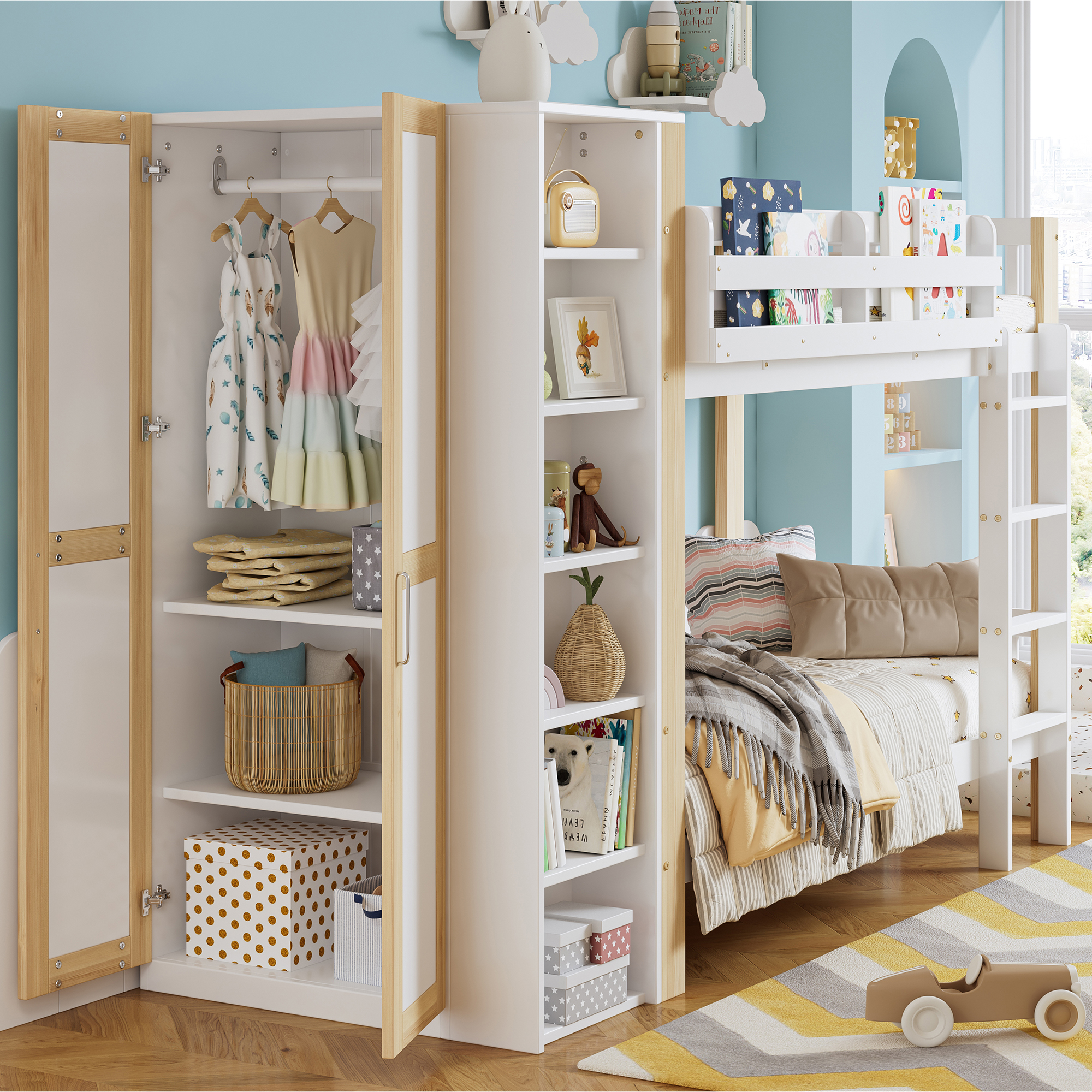 Bunk Bed, Children's Bed With Fall Protection And Railing, With 4-step Ladder, 6 Open Shelves, Wardrobe On The Side, Plenty Of Storage Space, Pine PB, White Natural, 90x200cm