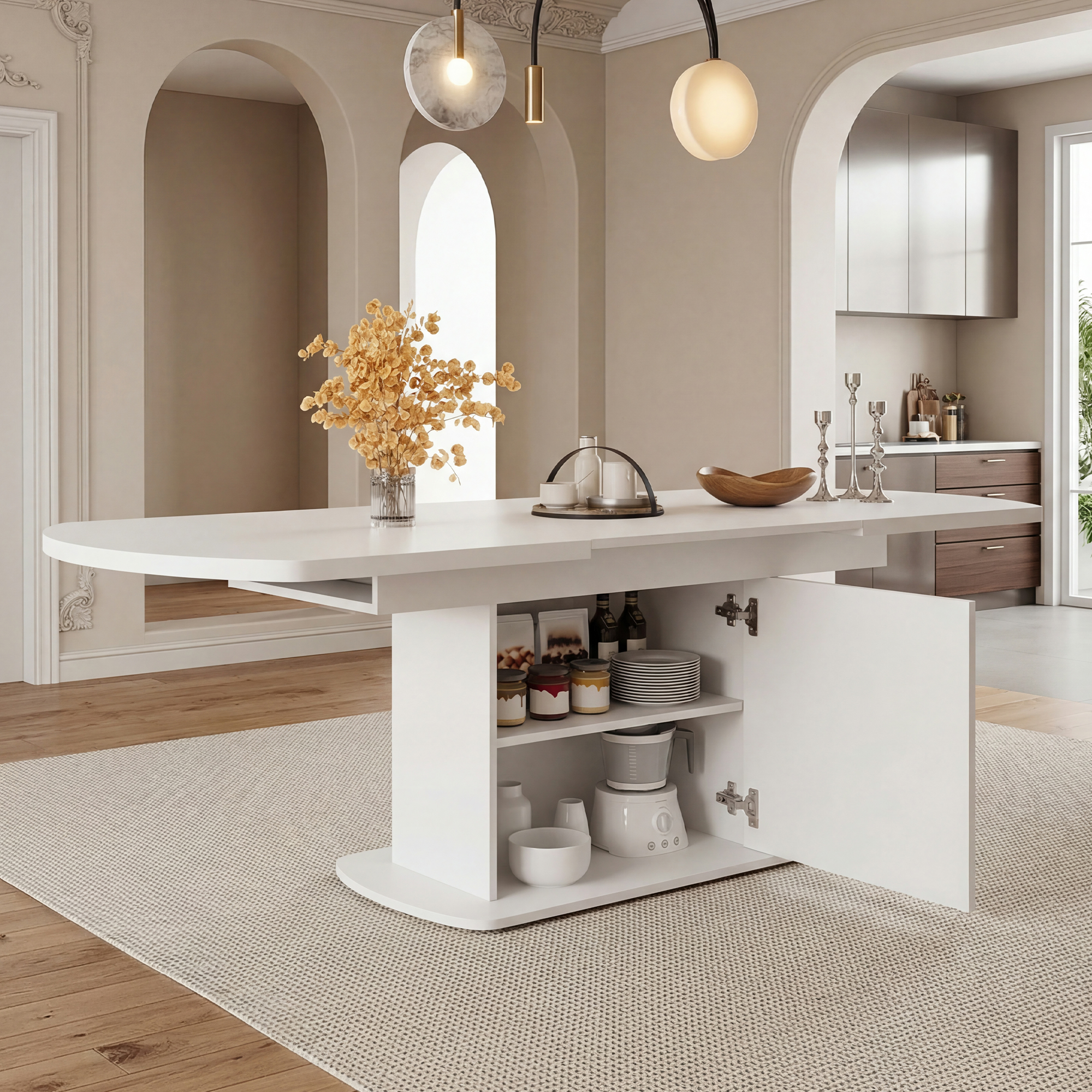 Extendable Oval Dining Table, L140 200xW80xH75cm,Dining Table With Storage, Coffee Leisure Table, Modern Minimalist Dining Table, Space-Saving Multifunctional Dining Table, White Silver Handle