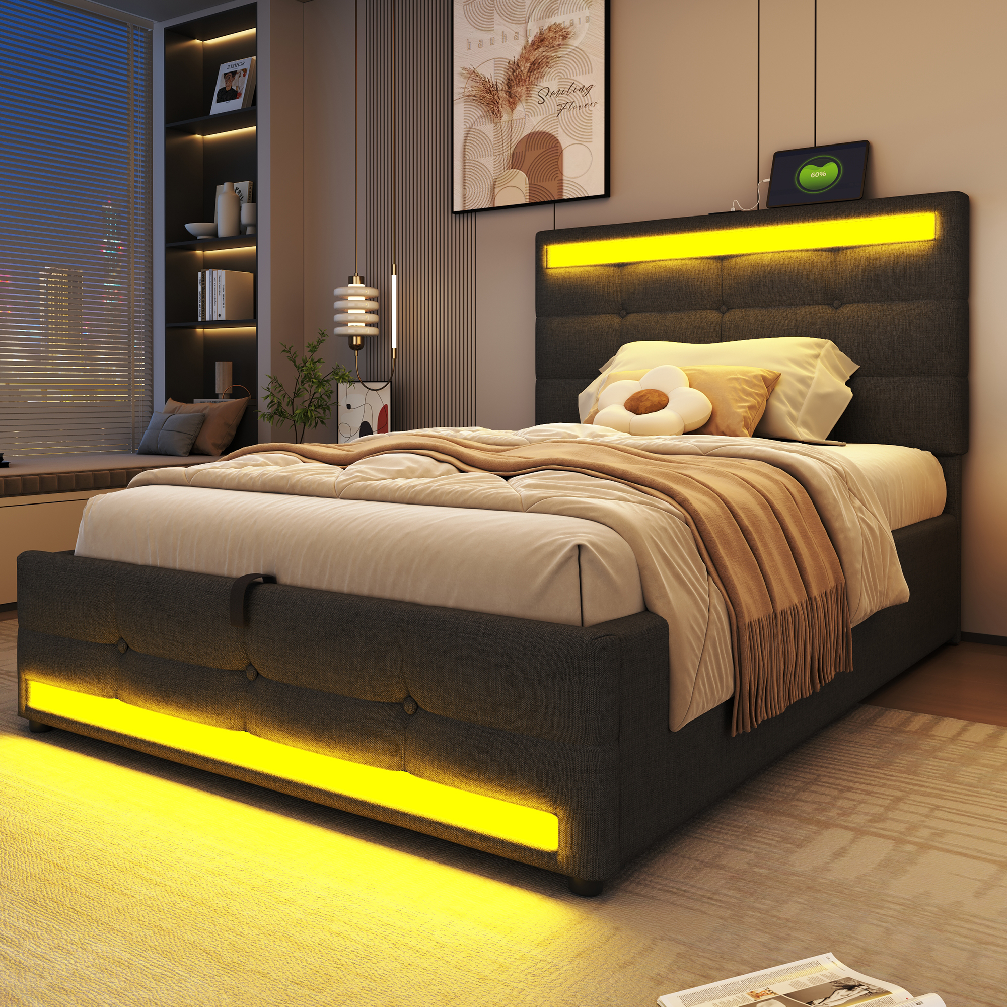 Upholstered Bed 90x200 Hydraulic Storage Crib With USB And Color Changing LED Light Strip, Gray Linen Single Bed 5