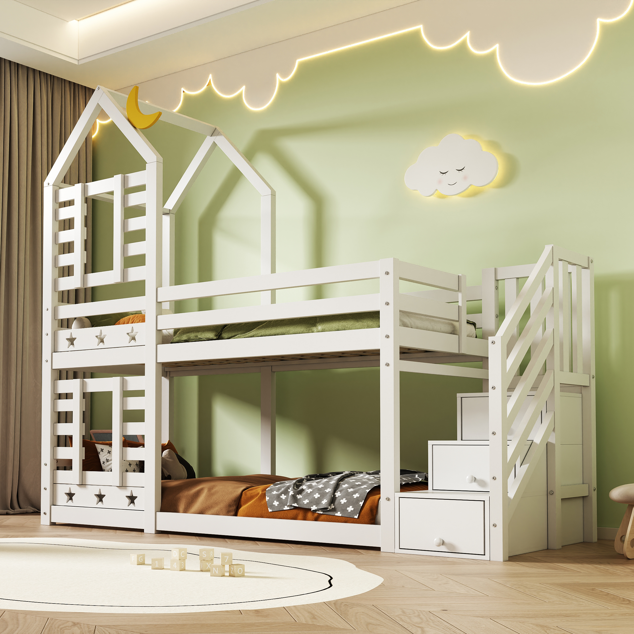 AB30351678W Children's Bed, Bunk Bed Tree House With Drawers And Fall Out Protection 90 X 200 Cm, Loft Bed For Children  2x Slatted Frame  White