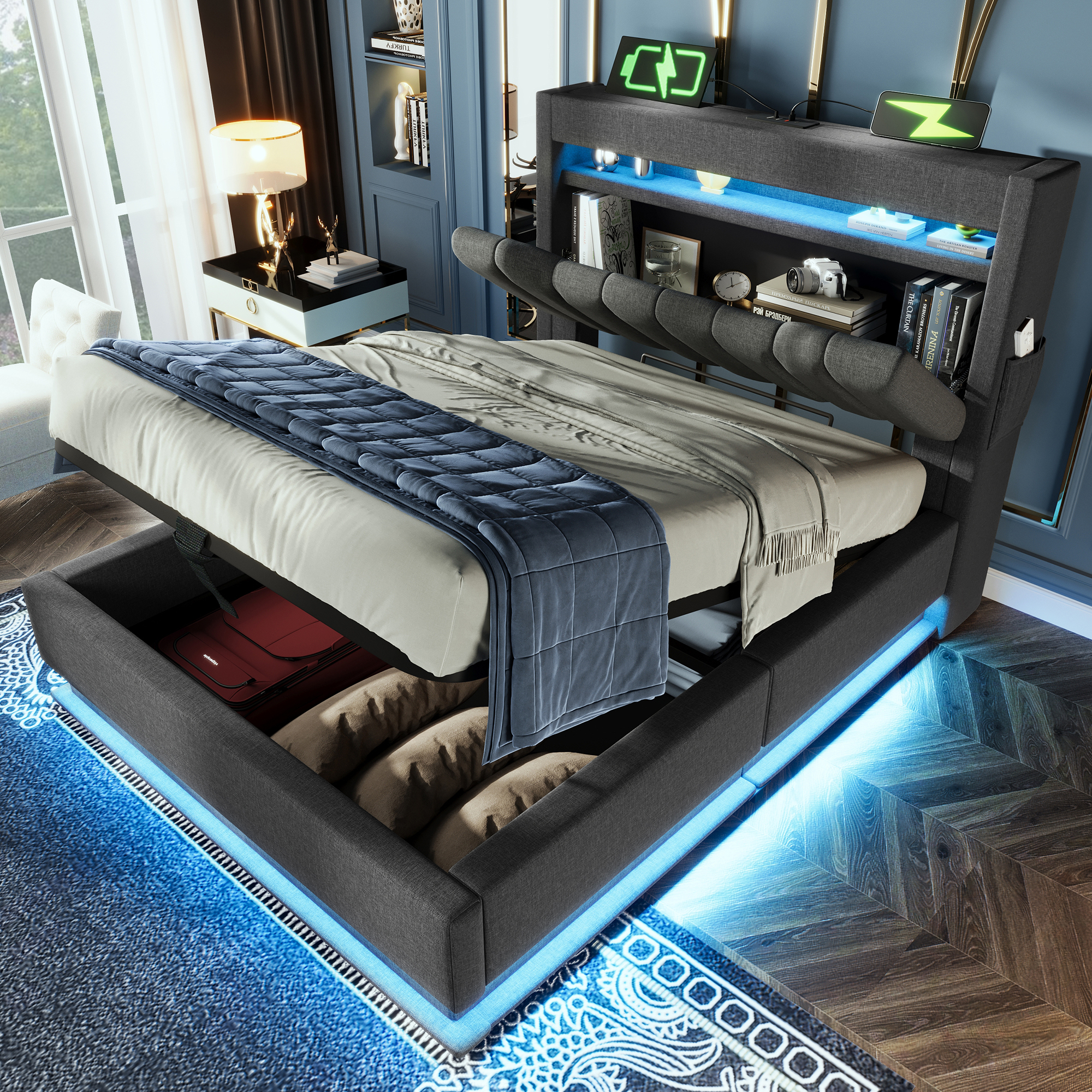 90x200cm Upholstered Bed Single Bed, Storage Headboard With USB And Type-C Ports, LED Lighting At The Head And Foot Of The Bed, With Hydraulic Storage, Grey, Linen.  Without Mattress