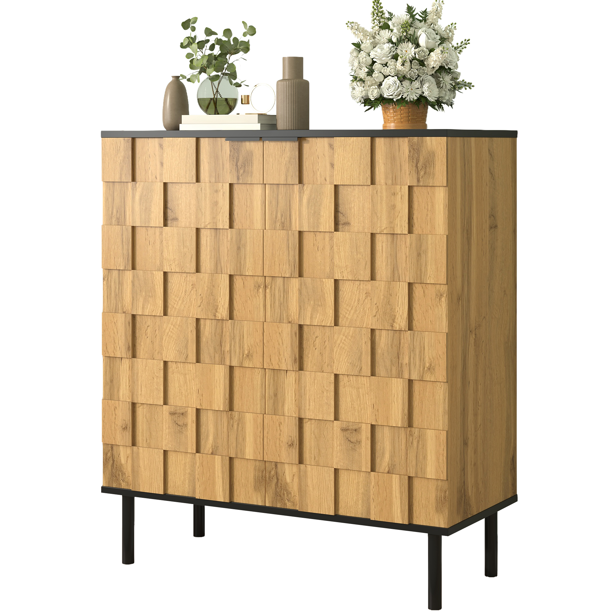 Mosaic Shoe Cabinet, 2-Door Shoe Rack, Hallway Storage Cabinet, Wood Effect, Particleboard, Metal Feet, Height Adjustable Compartments