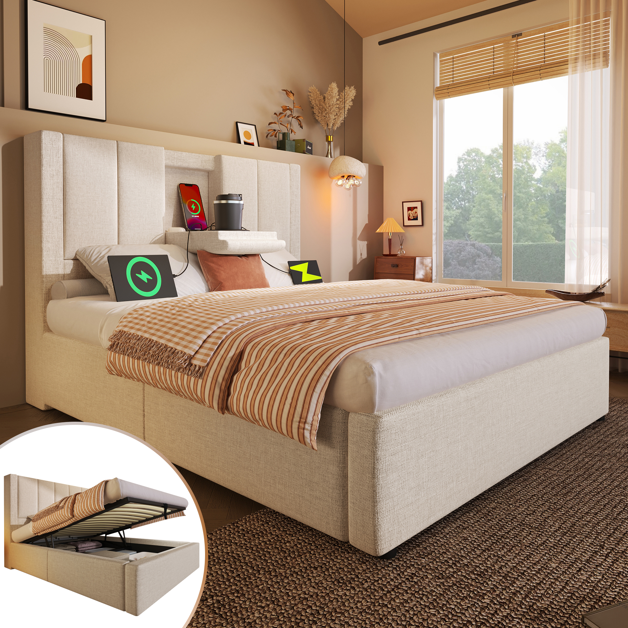 Upholstered Bed 90x200 Cm Single Bed With Hidden Cup Holder & Charging Station, Hydraulic Bed With Storage Space Under The Bed, Incl. Slatted Frame, Linen Beige  Without Mattress