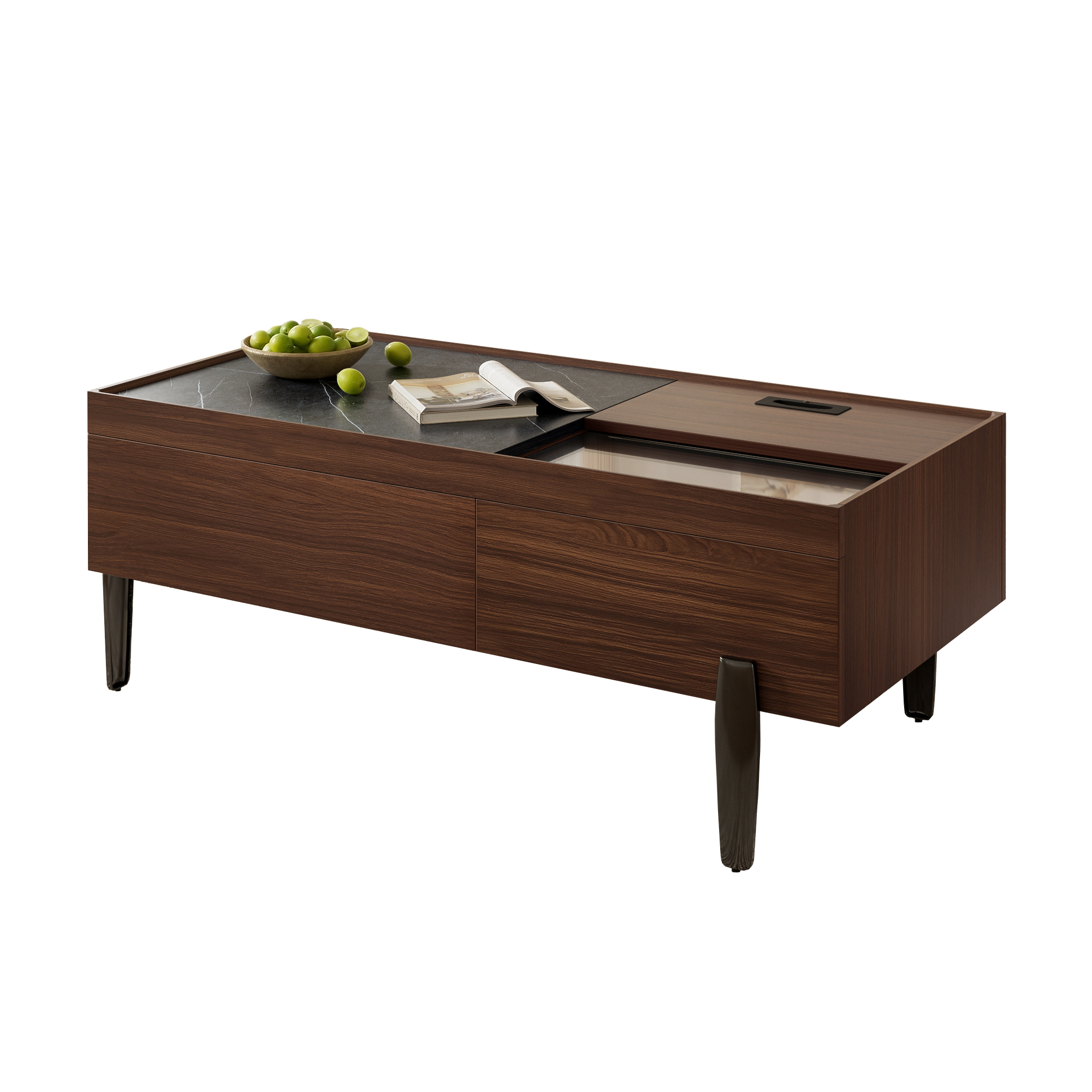 Modern Coffee Table With Drawers And Glass Top  Dark Brown Wood Design, Marble-effect Wood Grain, Metal Legs And Plenty Of Storage Space For The Living Room