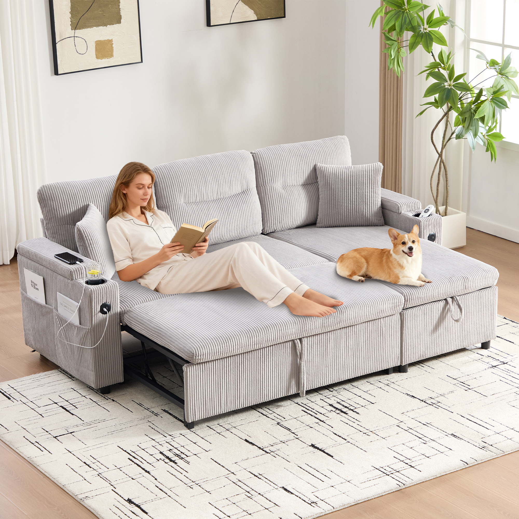Modern 3-person Cordsofa With Storage, Beverage Racks And USB-C. Hydraulic Chaise Longue And Drawer Bed- Stylish Design Meets Comfort, Flexibility And
