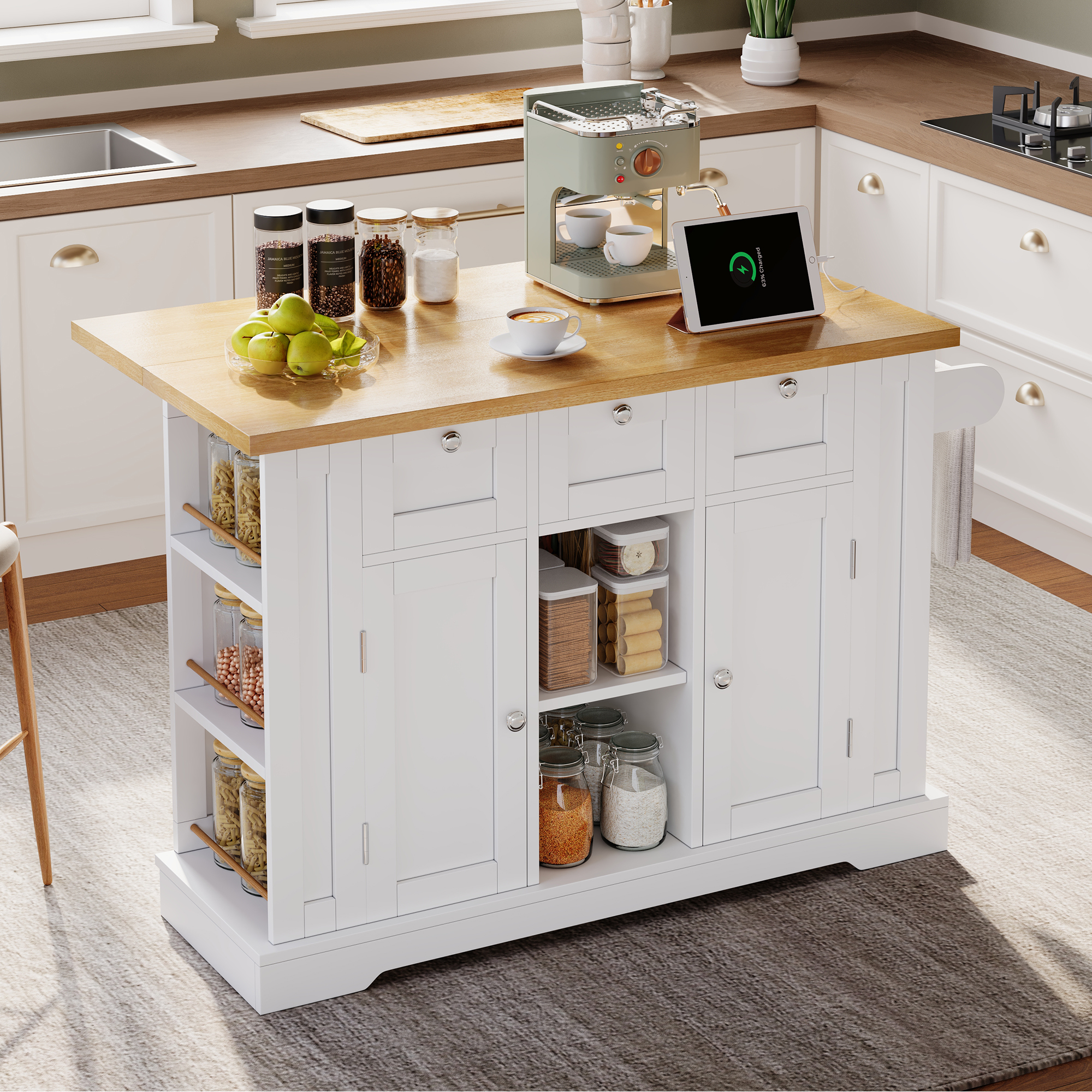 Îlot de Cuisine Mobile 132cm, Style Campagnard, Plan de Travail Pliant