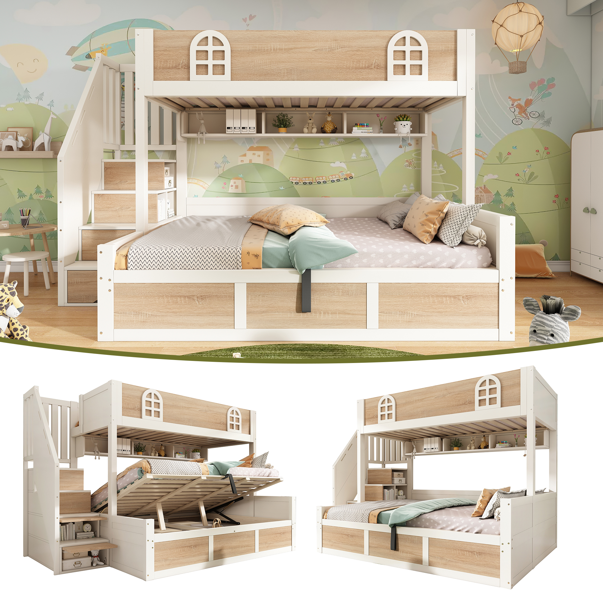 Bunk Bed, Cot 90x200 And 140x200 Cm, Wooden Bed With Hydraulic Storage Space, Stair Cupboard, Slatted Frames And Fall Out Protection For Several Children, Safe Sleeping Area, White, Natural Without Ma