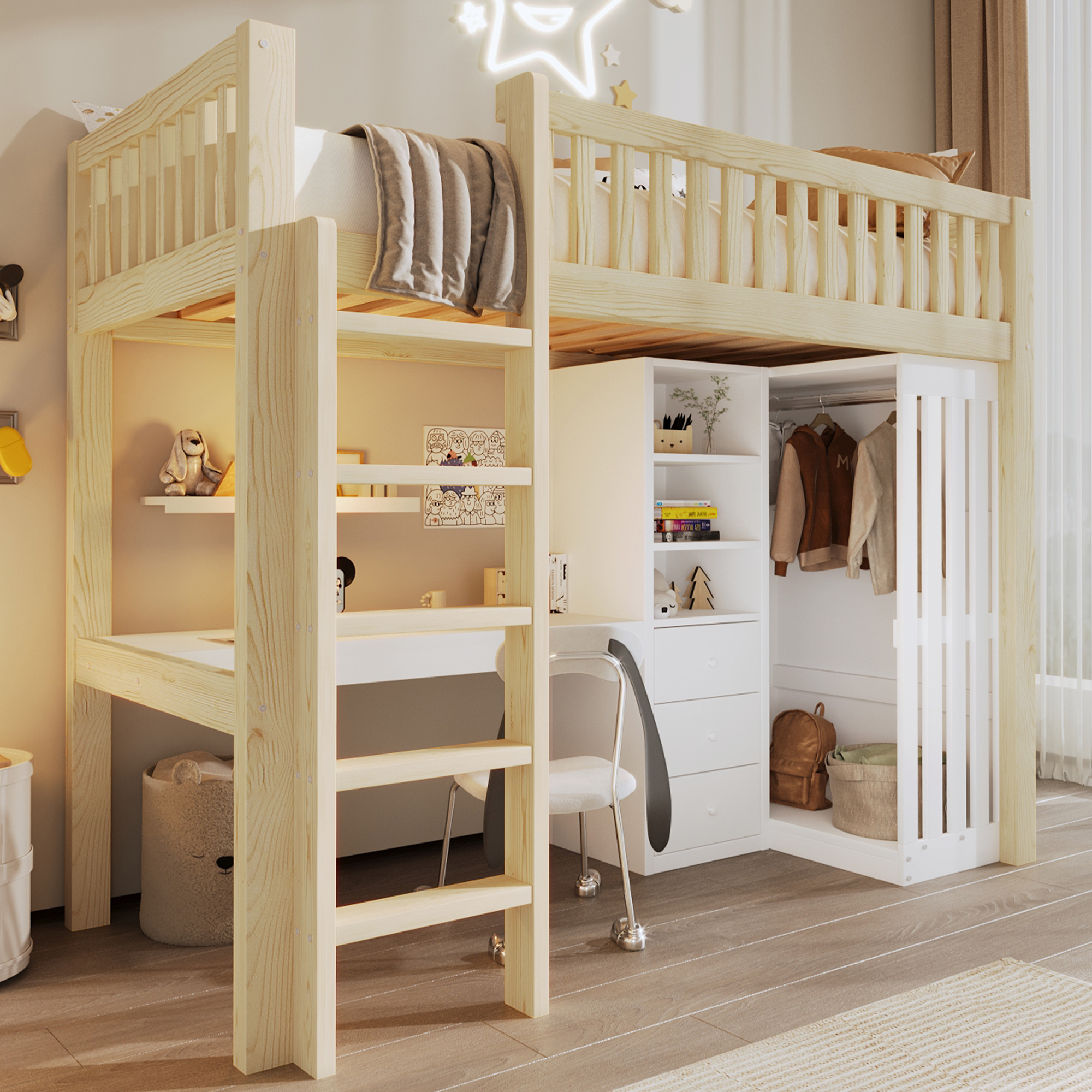Loft Bed, 90x200cm , Desk, Wardrobe, 3 Drawers, Open Storage Space, Railing, Stairs, Without Mattress, Natural