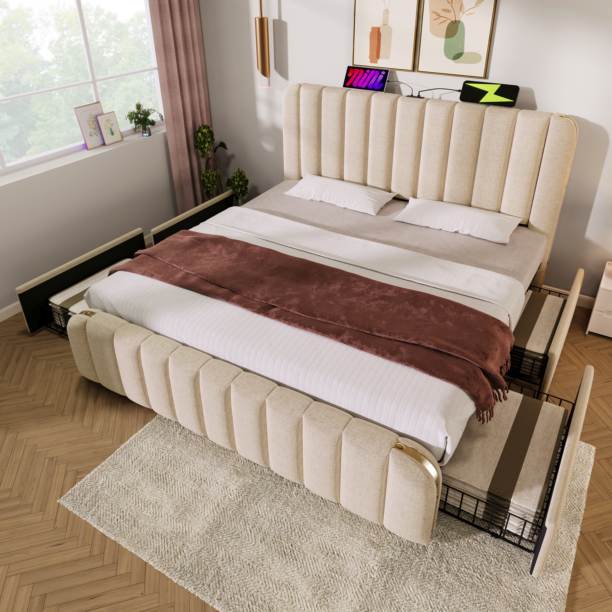 Upholstered Bed Double, Upholstered Headboard With Golden Decorative Stripes And USB Type C Charging Function 180x200 Cm, Beige Linen Material With 4