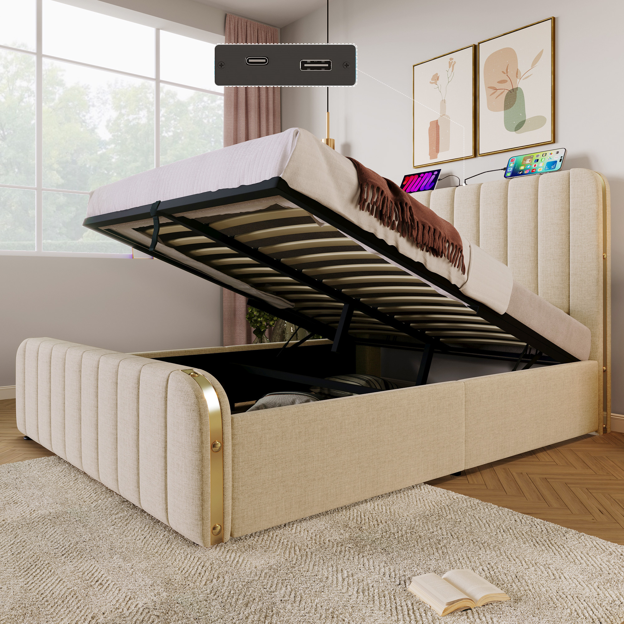 Upholstered Bed Double, Upholstered Headboard With Golden Decorative Stripes And USB Type-C Charging Function 140x190 Cm, Beige Linen Material Hydraul