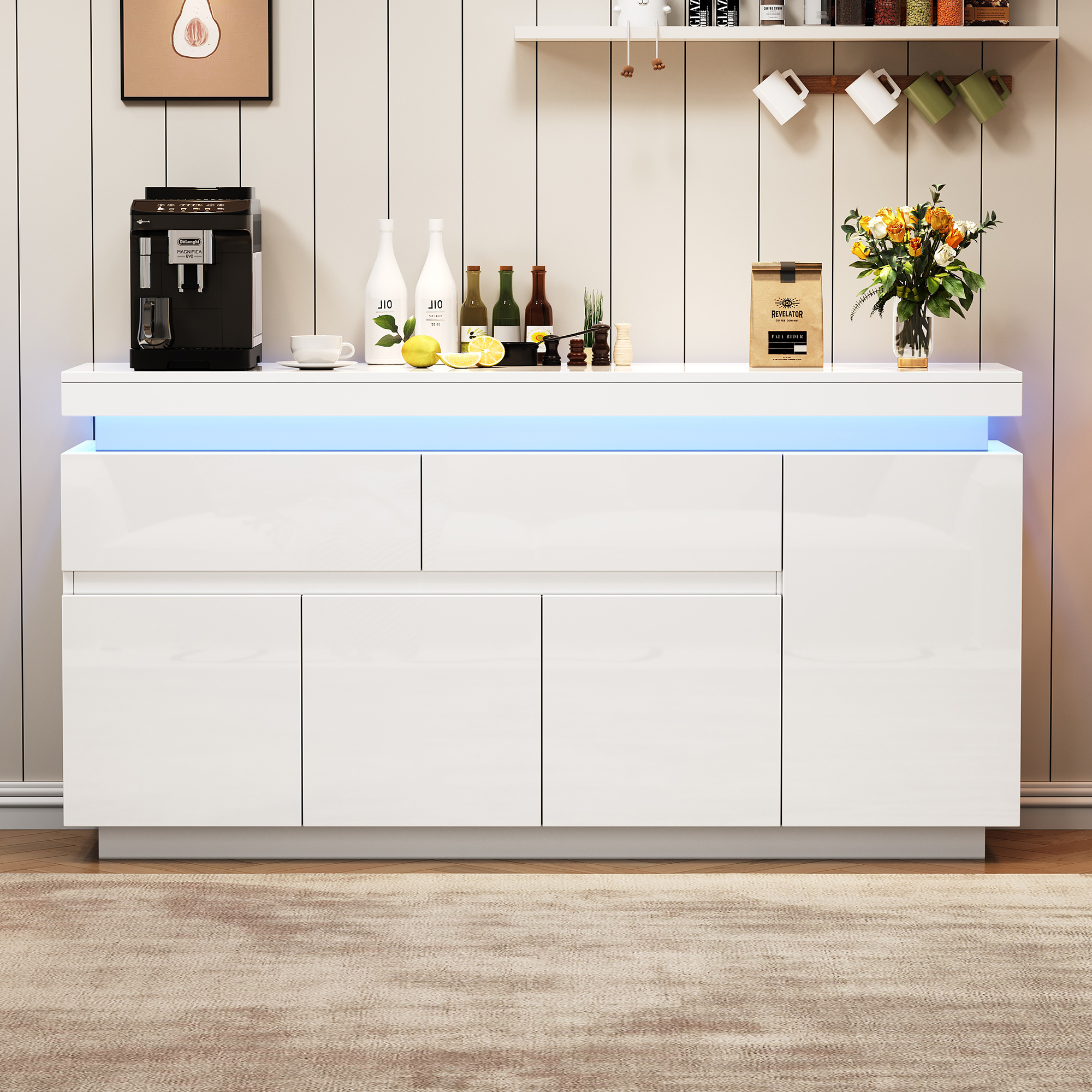 140 X 35 X 72.5 Cm Living Room Cabinet, Sideboard, Sideboard, Side Cabinet With 2 Drawers, High Gloss Drawer Cabinet, Chest Of Drawers, Storage Cabinet With 4 Doors, LED Floor Cabinet, White