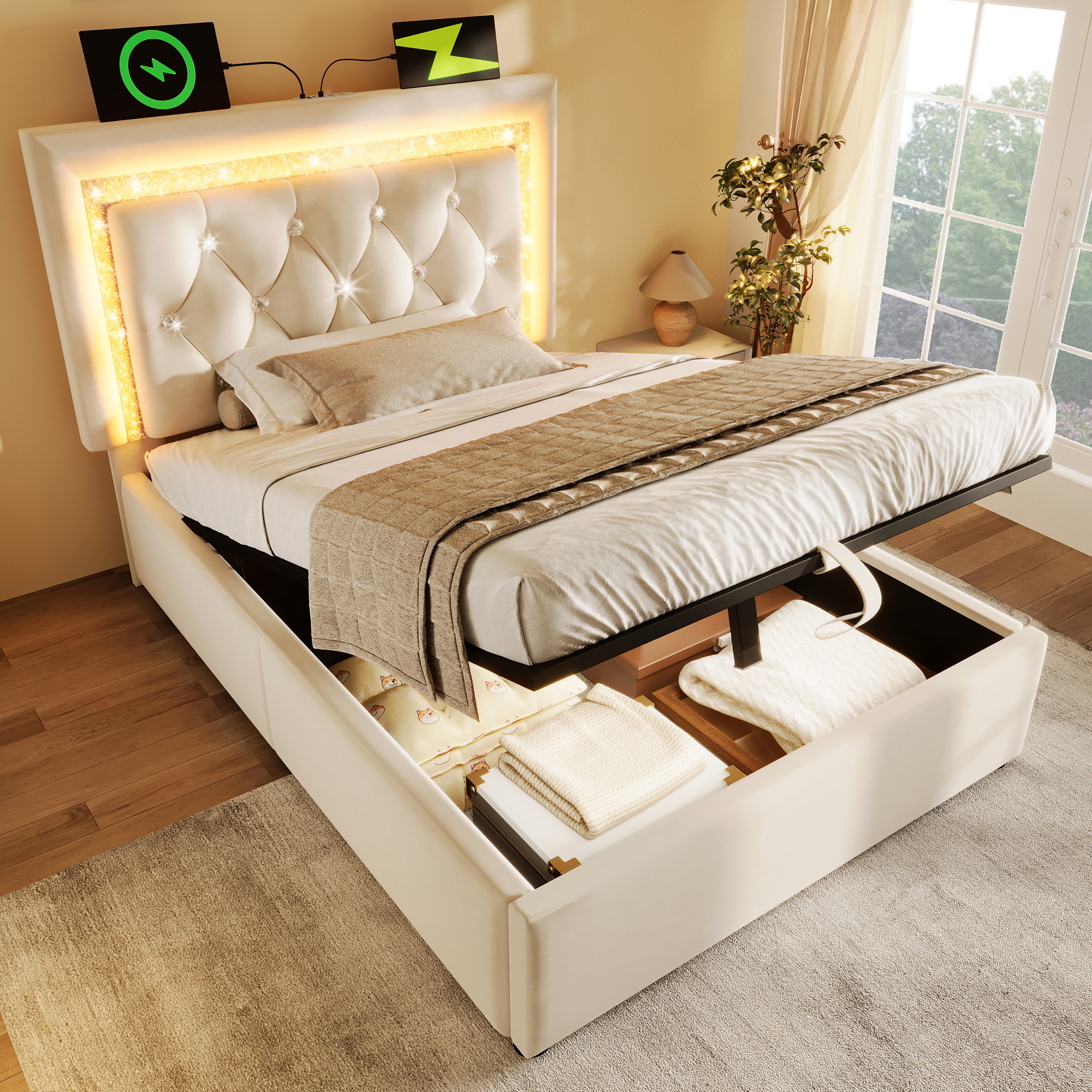 Upholstered Bed 90x200 Cm Velvet Single Bed With LED Diamond Band In The Headboard, USB & Type-C Charging Station, Hydraulic Bed Base With Storage Space, Modern Youth Bed With Slatted Frame, Beige