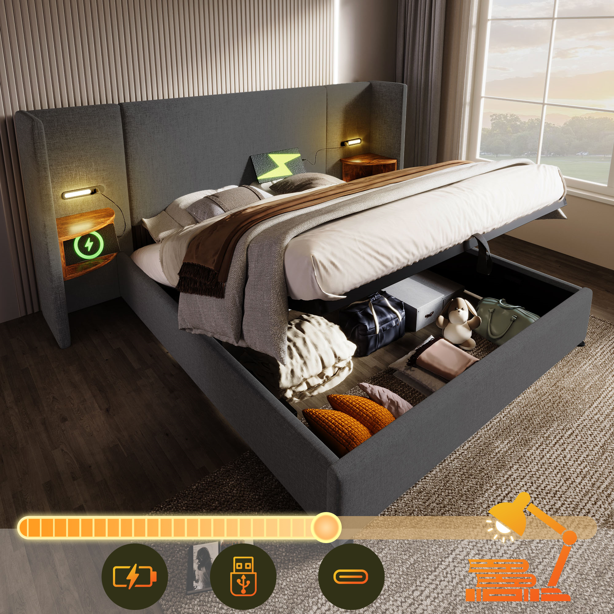 Upholstered Bed Double Bed 180x200 With Bedside Table, Reading Lamp And USB Type-C Charging Function, Bed System Storage Bed Frame With Slatted Frame Made Of Solid Wood And Metal, Grey, Linen Without