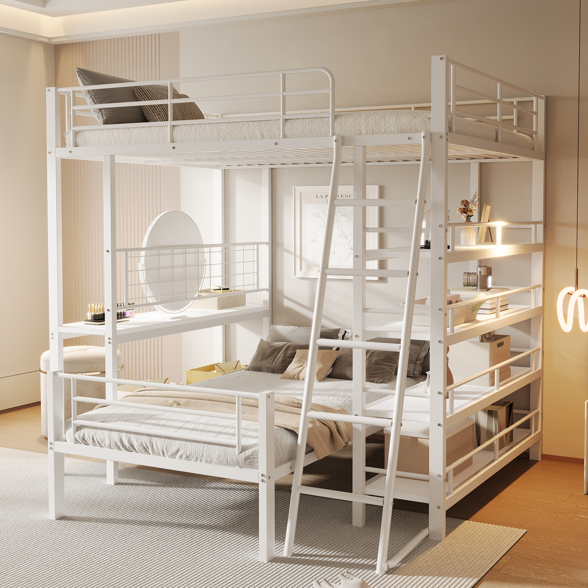 Bunk Bed Metal Frame Loft Bed 140x200, Multifunctional Bed With Multiple Storage Compartments, White