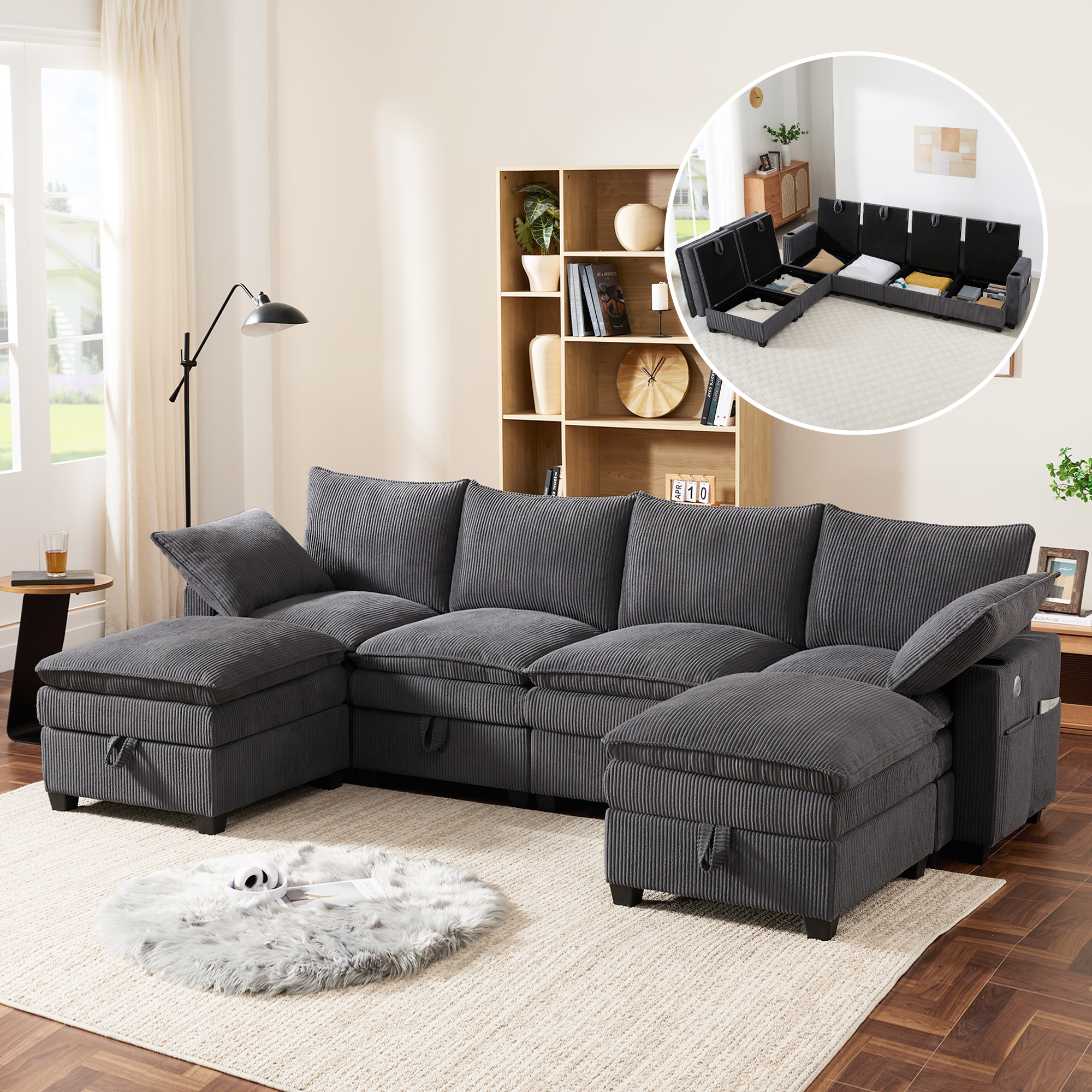Modern L-Shaped Sofa With Corduroy Cover, Removable Footstool, USB Ports, Storage Compartments And Cup Holders, Modular Sofa For Living Room, Apartment And Small Rooms, Gray