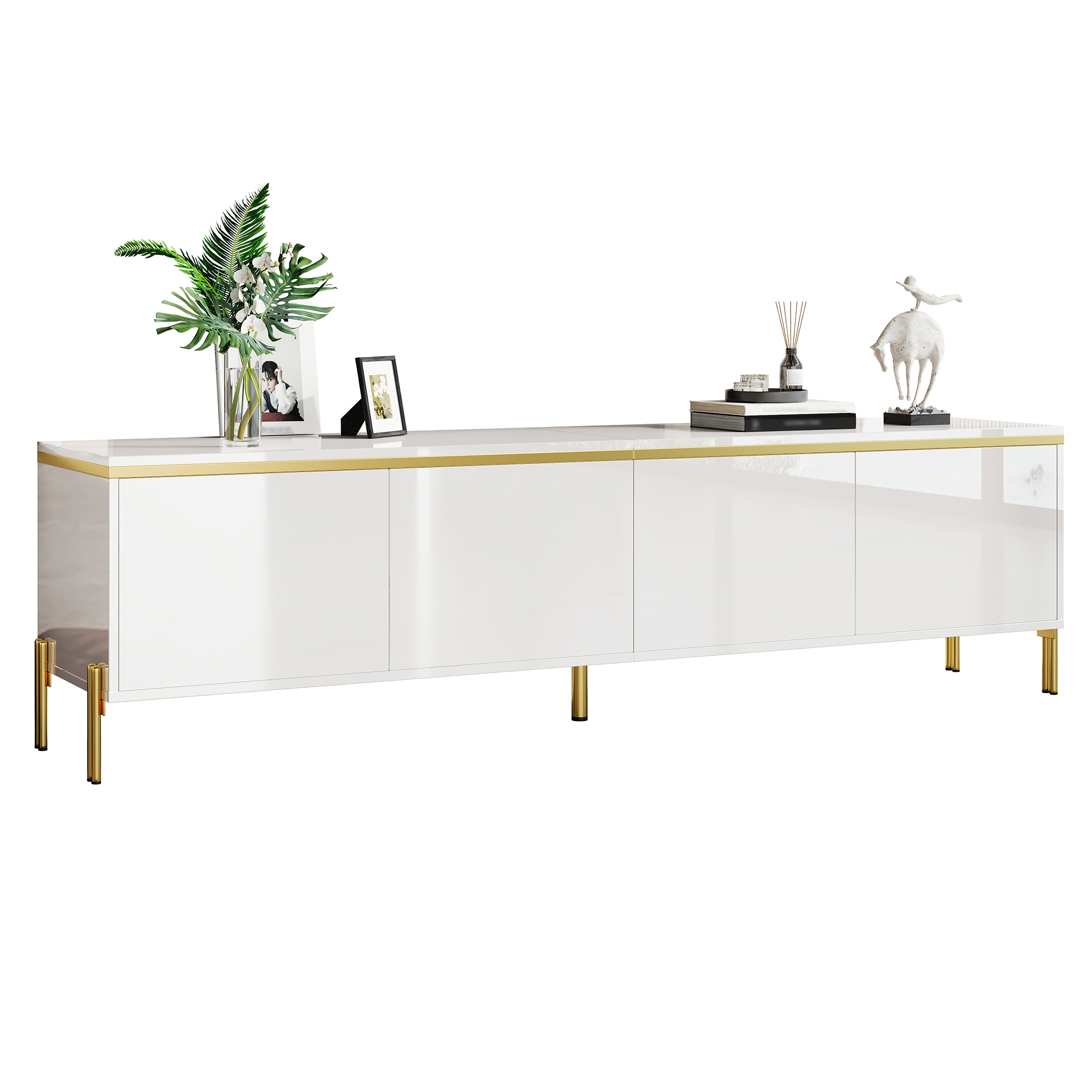 Modern High Gloss TV Stand , Four Cabinet Doors, Cable Interface, Gold Edge Band,TV Stand With Storage For The Living Room.
