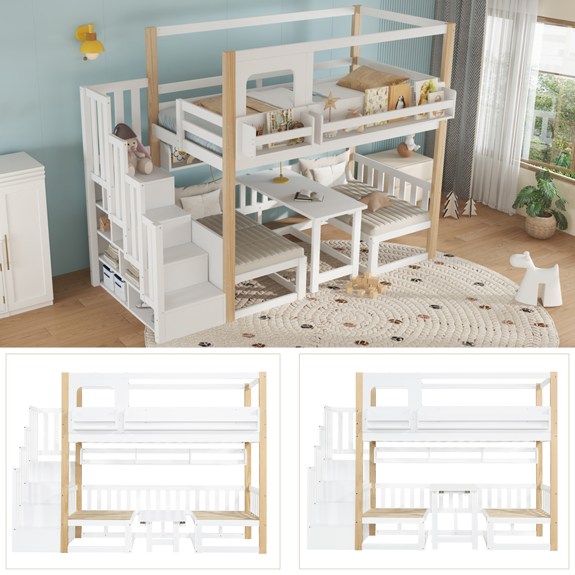 Lit superposé, lit enfant, table multifonctionnelle réglable en hauteur