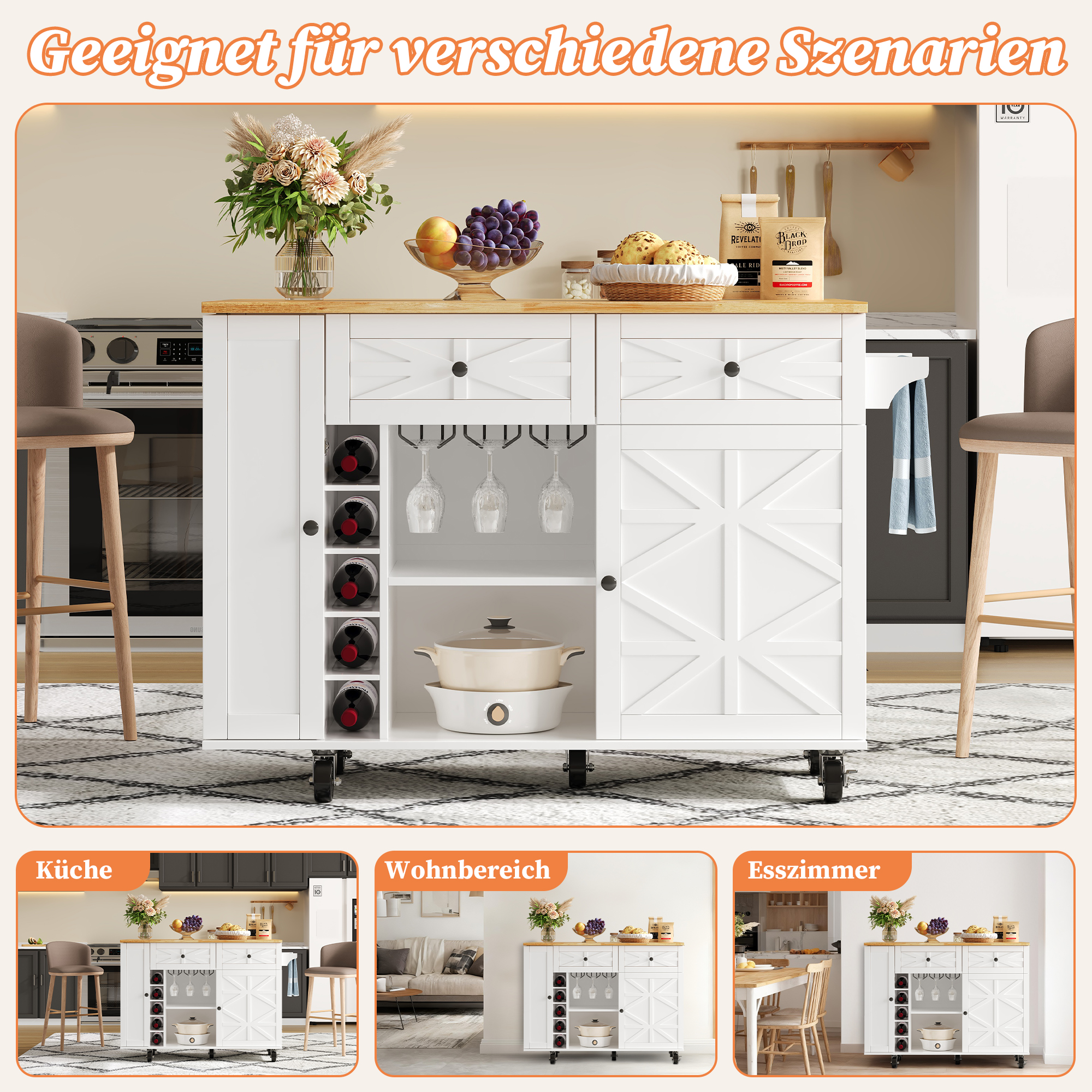 Kitchen Island With Folding Worktop, Equipped With 5 Locking Castors, Door Shelf, Wine Rack And Glass Holder, White, 120 X 45 X 89 Cm 3