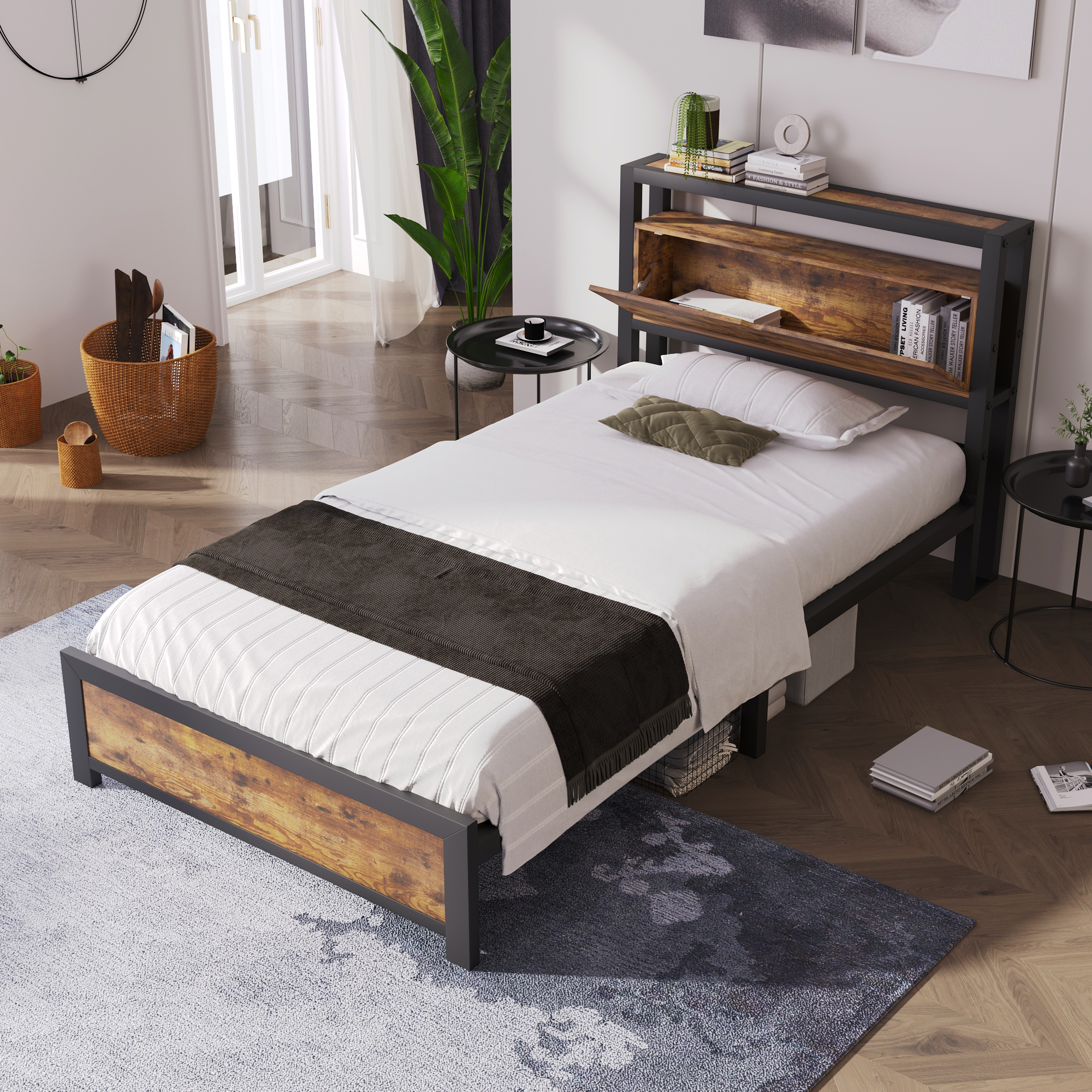 Metal Bed Youth Beds Single Bed 90 X 200 Cm With Storage Headboard And Metal Slatted Frame, Children's Bed Metal Bed Frame Bed Frame For Adults, Children, Teenagers,Black Industrial Bed
