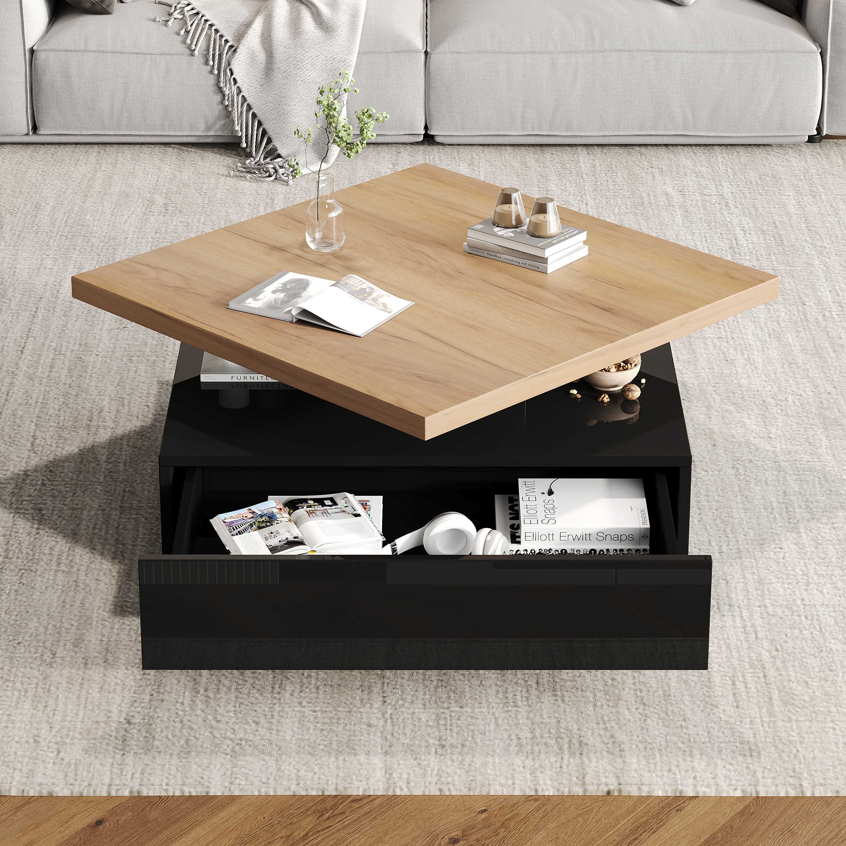 Multifunctional Square 360 Swivel Coffee Drawer, High Gloss 2-Tier Center Swivel Table And Storage Cabinet,Living Room Side Table In Natural Wood Color  Black, Chipboard