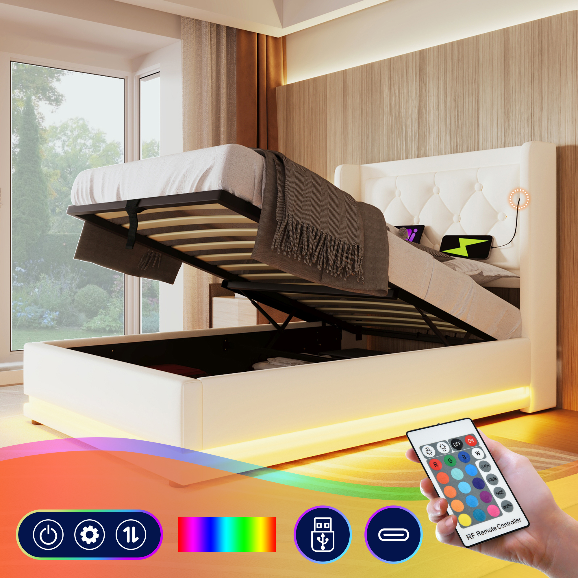 Sofa Bed Single Bed 90x200 Cm, White PU Material Hydraulic Storage Bed, Cushioned Headboard With USB Type-C Charging Function, 3-sided LED Function  Without Mattress