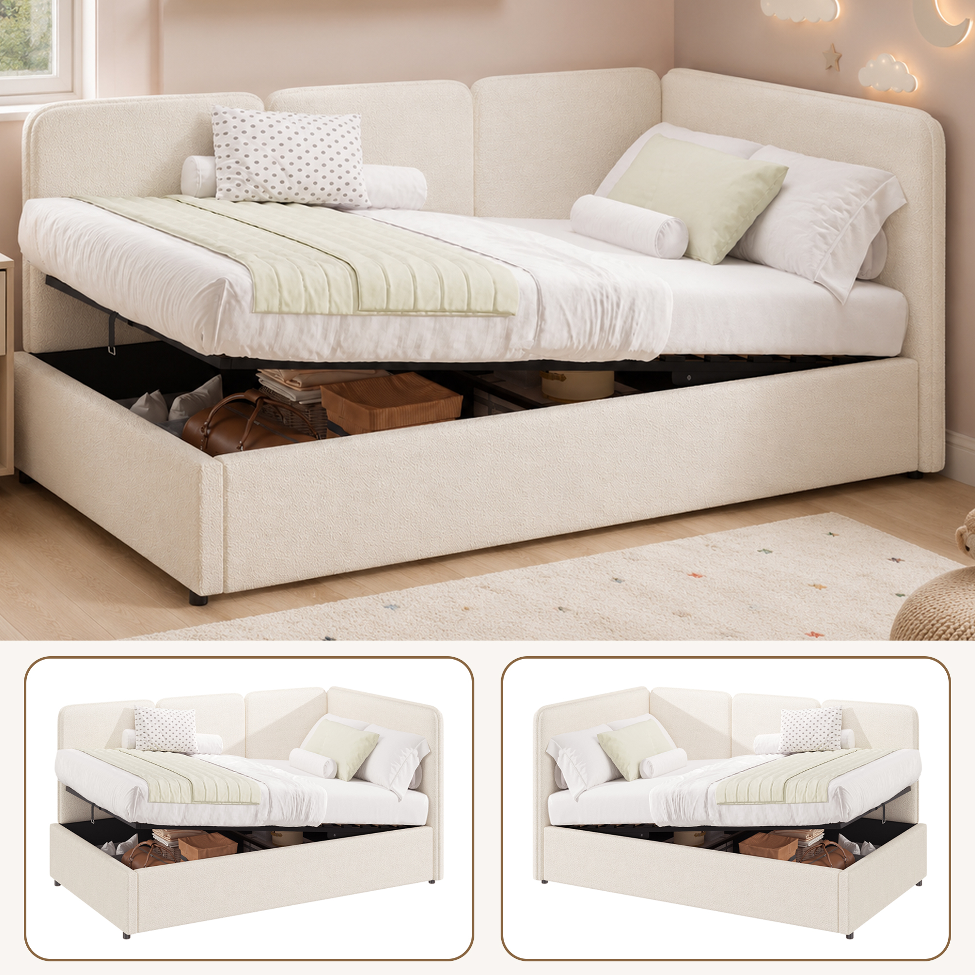 Daybed 90x200 Cm With Hydraulic Storage, Upholstered Bed, Daybed, Swap Left And Right, Boucle, Beige