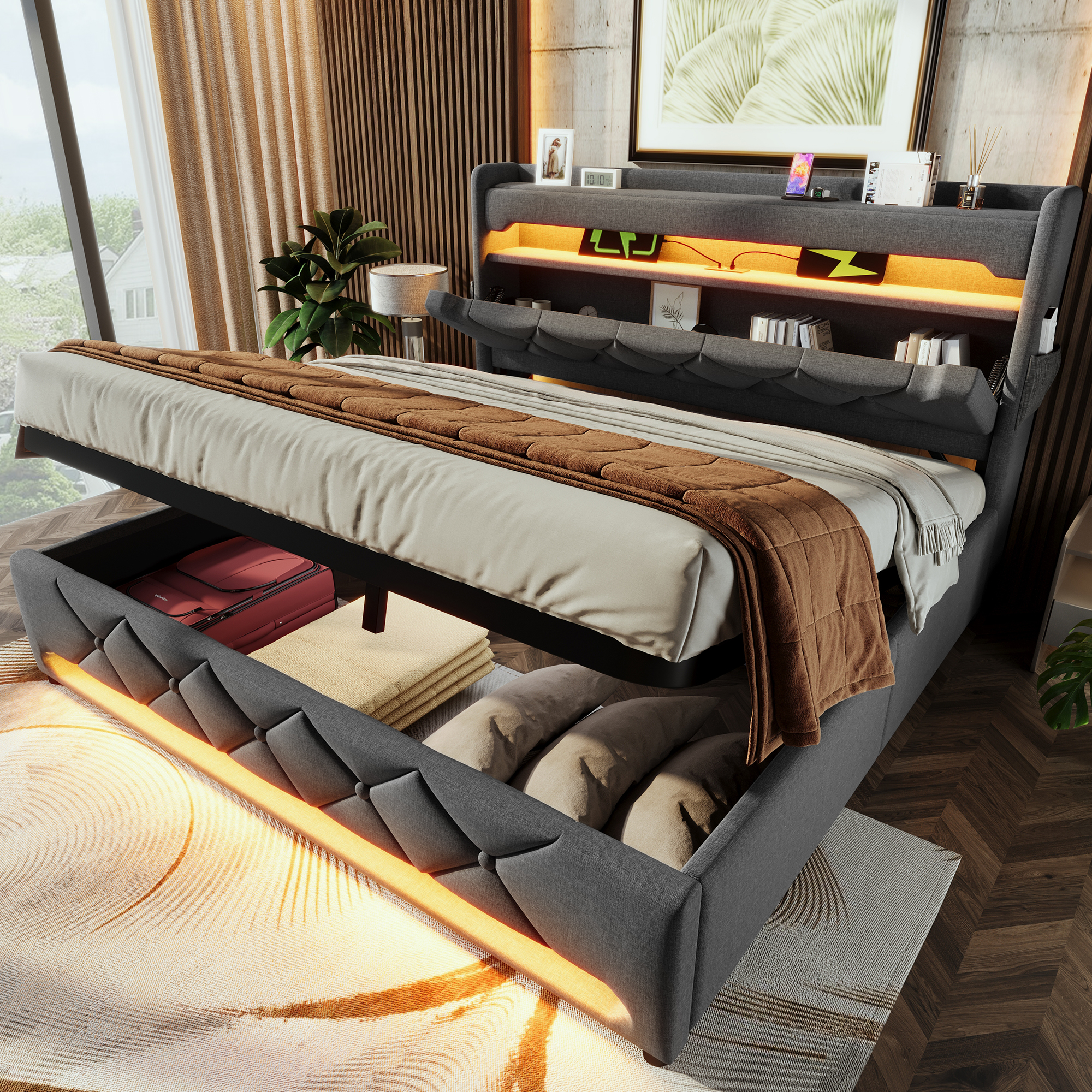 Upholstered Bed Double Bed 160x200, Storage Headboard With USB And Type C Port ,360 Surround LED Function Around The Head And Foot End Of The Bed, Beds With Hydraulic Storage, Grey , Linen Without Mat