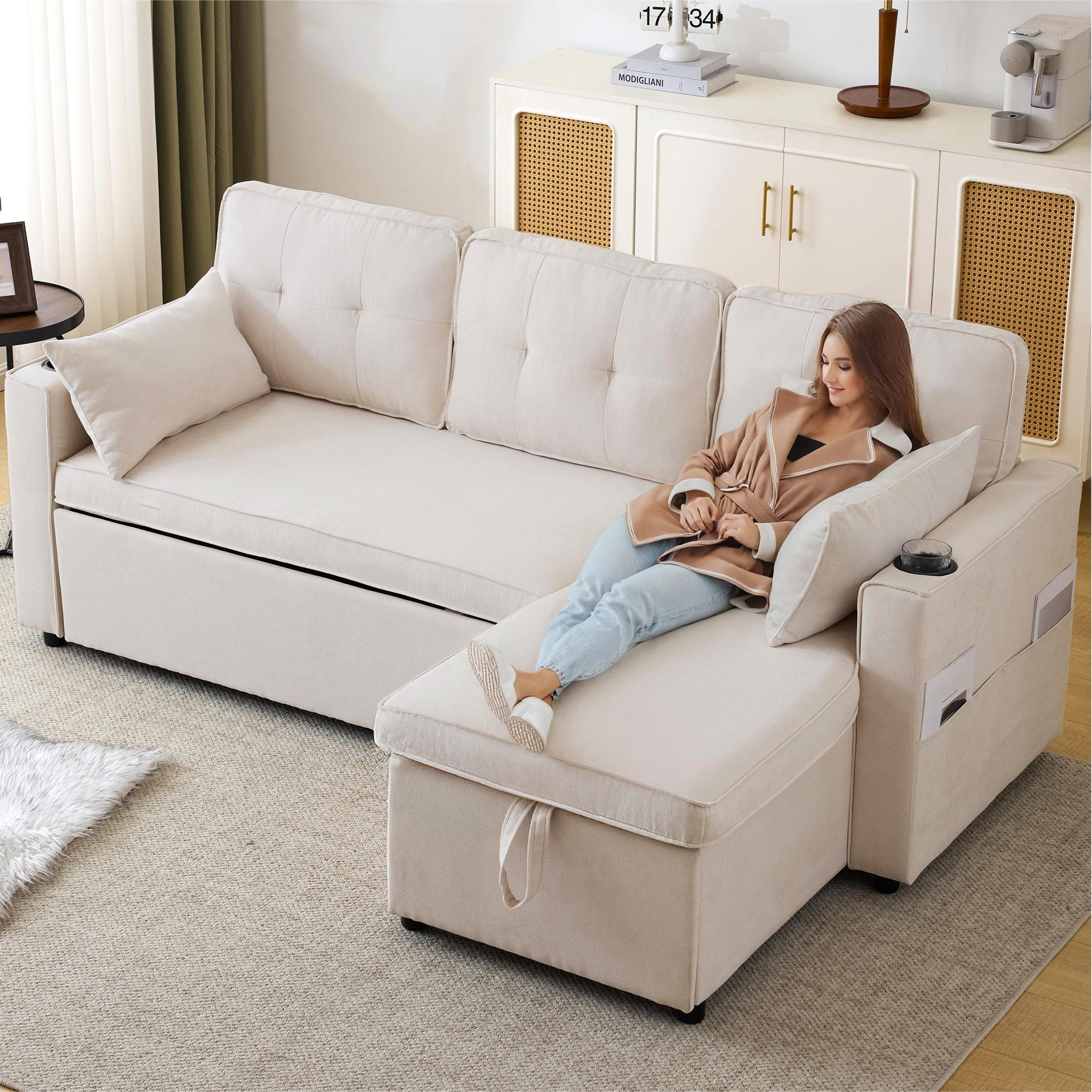 Sofa Bed With Sleeping Function, L-shaped Sofa, Modern Design, Upholstered Furniture, Sofa, Lounge Chair With Storage Space, With Cup Holder, Living Room Sofa Bed, Interchangeable Left And Right
