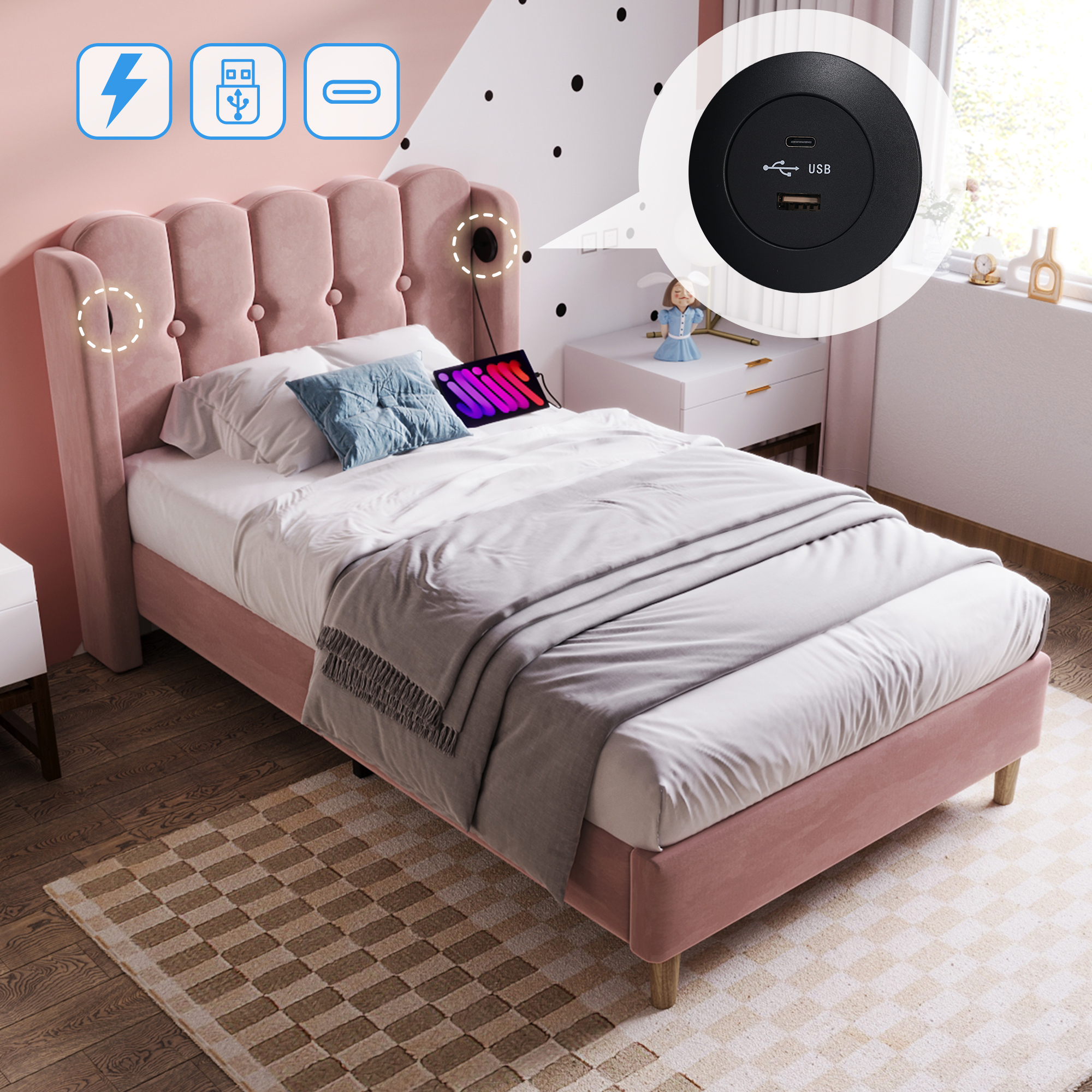 Sofa Bed With USB Type C Charging Function, Bed Frame With Baroque, Cushioned Bed In Pink, 90 X 200 Cm Bed Frame For Youth Bedroom Guest Room - Velvet