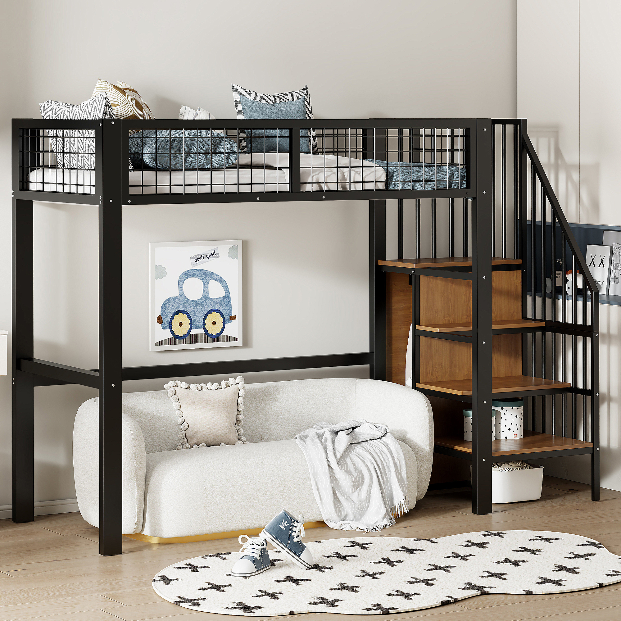 Loft Bed 90x200 With Ladder, Cot With Iron Frame And Storage Shelf, Wardrobe Black