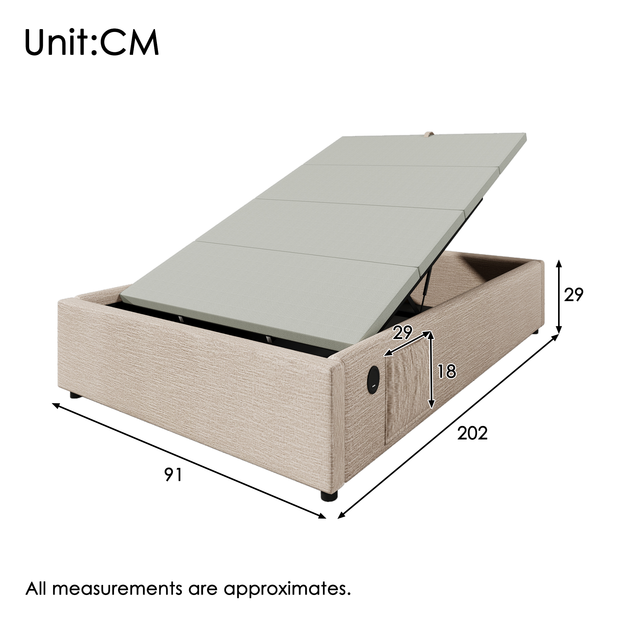 Upholstered Bed Single Bed 90x200 Cm, Struraumbett Bed Frame With USB-C And Full-Surface Slatted Frame, Without Headboard, Linen, Natural 4