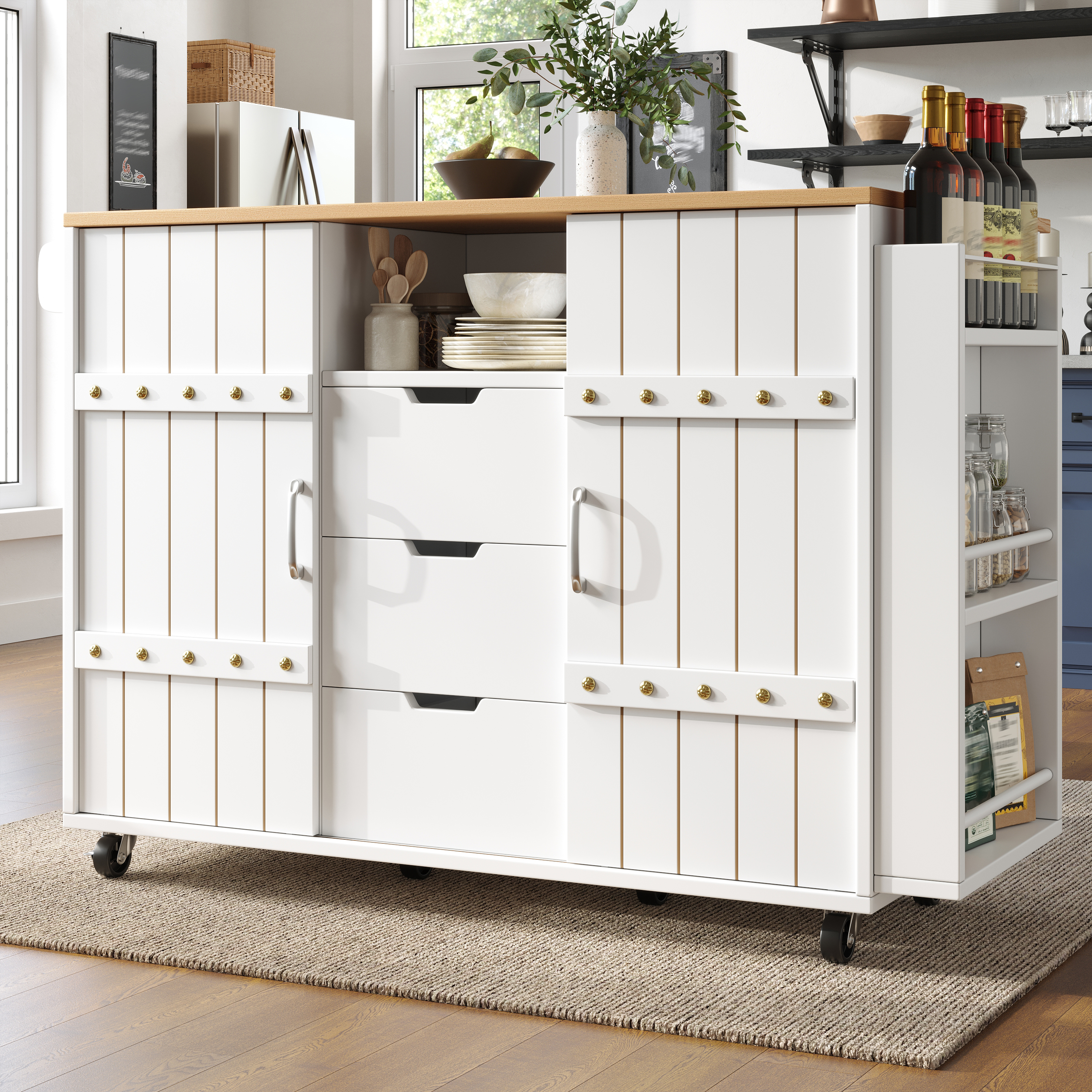 Kitchen Cabinet, Serving Trolley With Wood Grain, Kitchen Trolley With Castors And Worktop, Kitchen Trolley With Spice Rack And Towel Rail, Kitchen Is