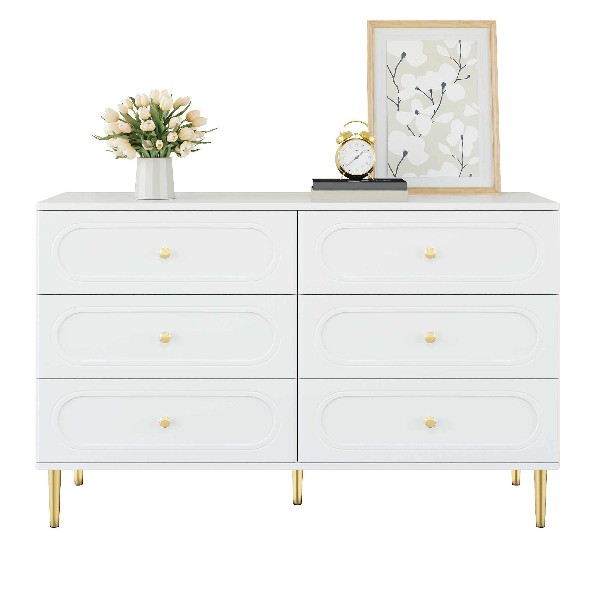 Sideboard, Chest Of Drawers With 6 Drawers, Oval Recesses, Metal Feet, Modern Storage Cabinet For The Living Room