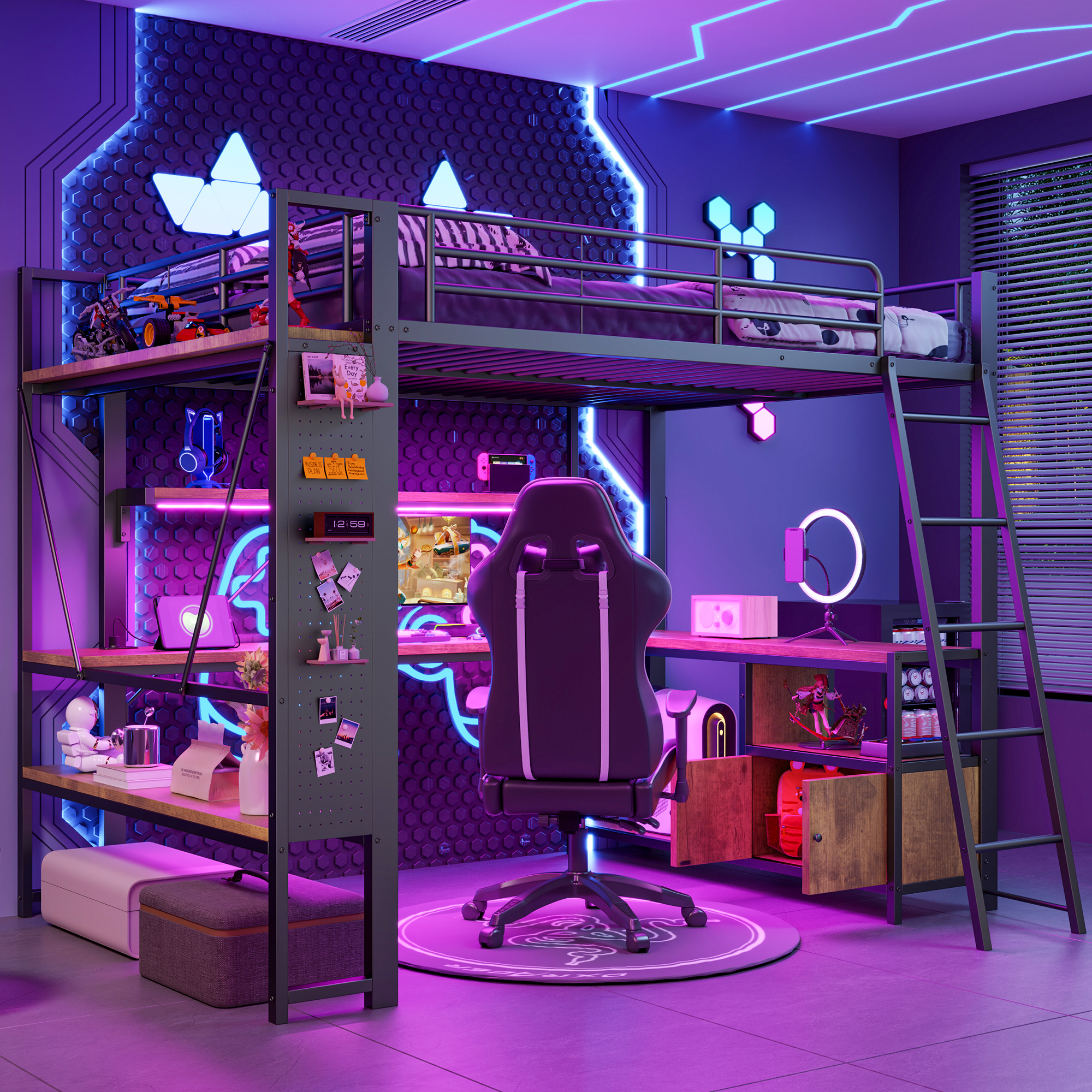 Loft Bed, 140 X 200 Cm, Iron Frame, With LED Light Strip, Desk, Storage Space, Several Shelves, Perforated Wall, USB Port, Without Mattress, Black