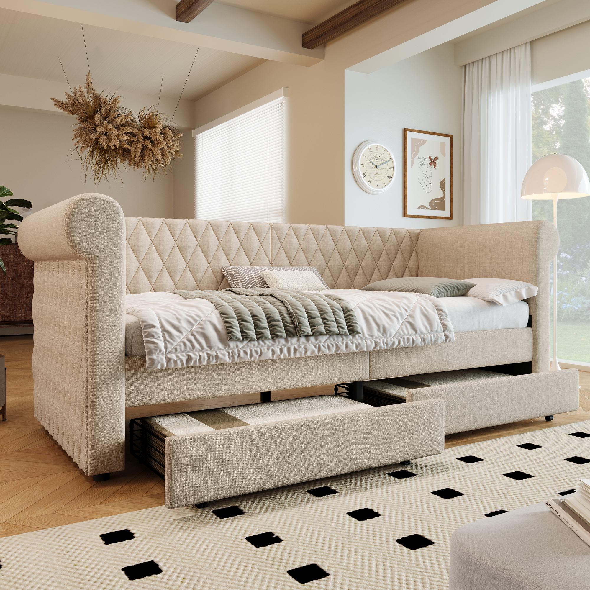 Vintage Headboard Upholstered Bed Sofa Bed 90x200 Cm, Sofa Bed Daybed With 2 Storage Drawers, Children's Bed Youth Bed Frame With Slatted Base In Wood, Linen, Beige Without Mattress