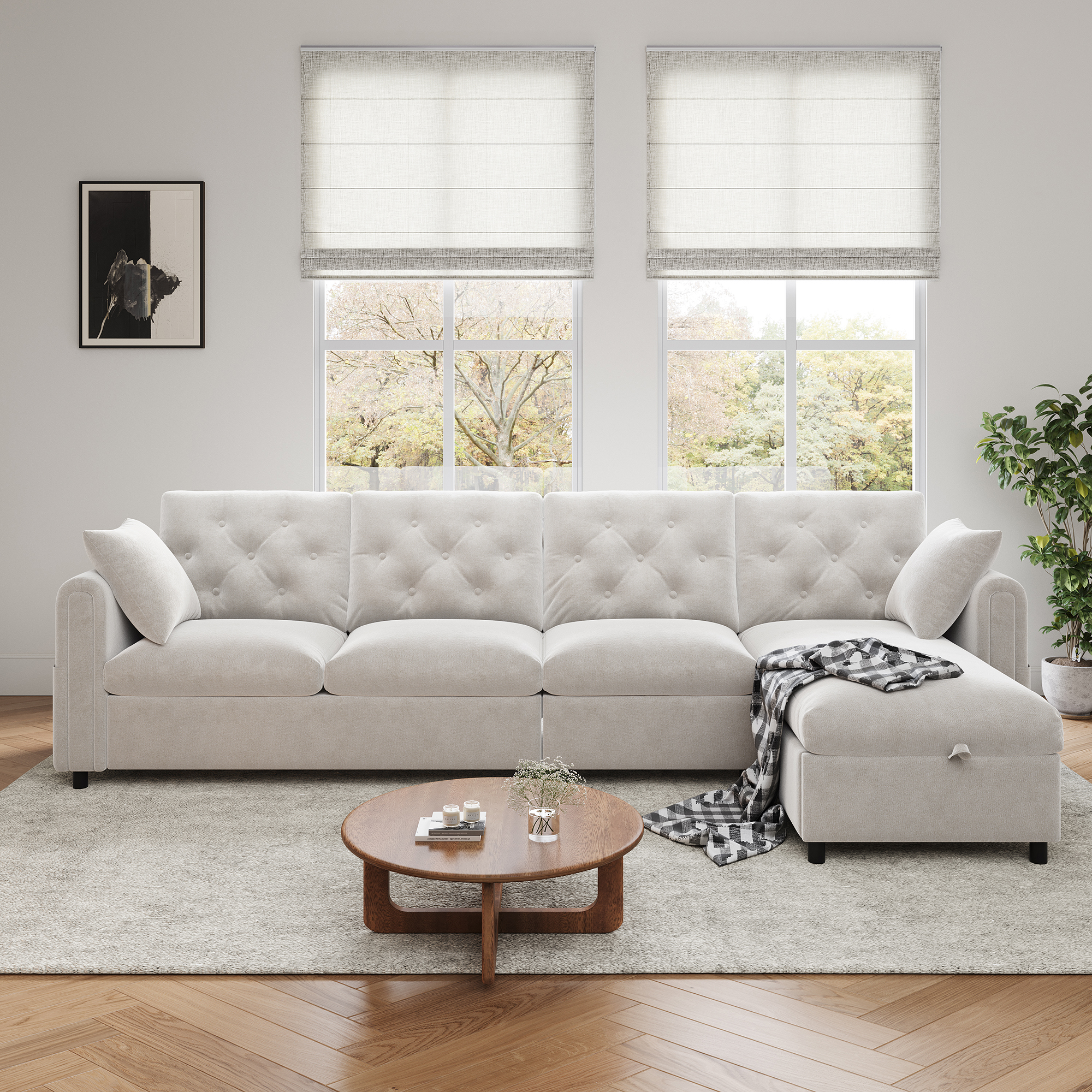 Modern Velvet Sofa With Storage Space In The Corner Area,L-shaped Storage Space Adjustable In The Corner Area Left And Right,Side Armrests With Magazine Pockets, Backrest With Button Stitching. Beige.